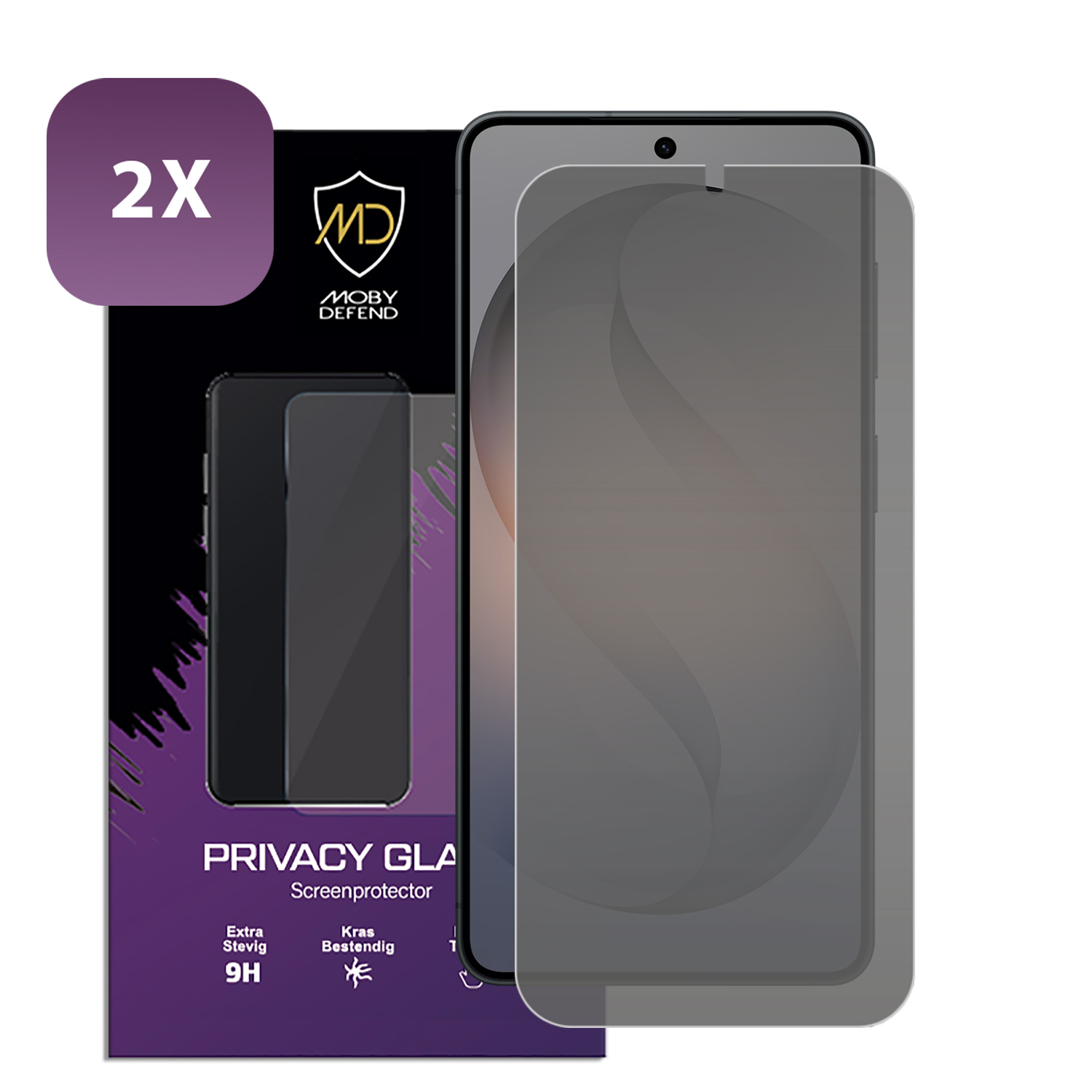 Twee privacy screenprotectors voor smartphones, één in verpakking, één apart.