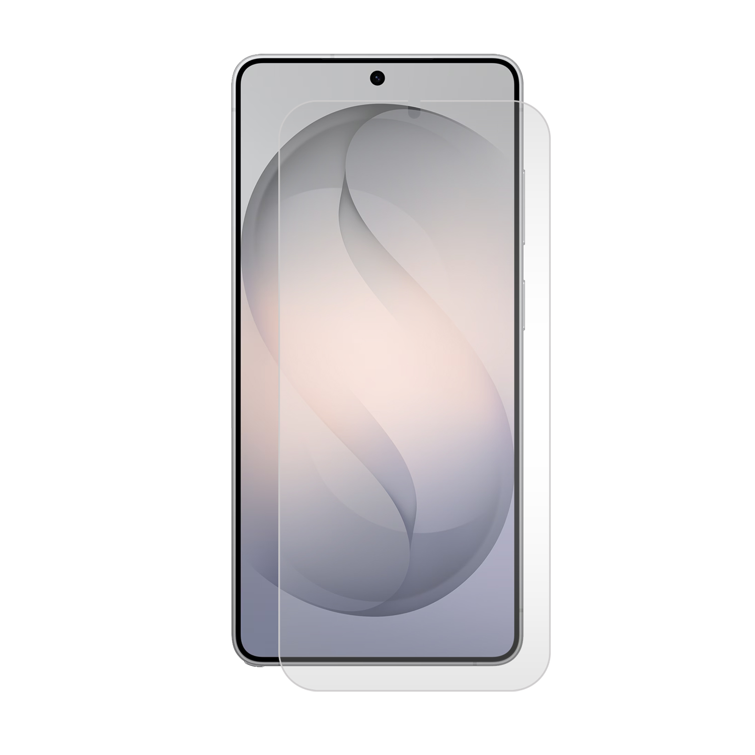 Een smartphone met een schermprotector en gestileerde achtergrond.