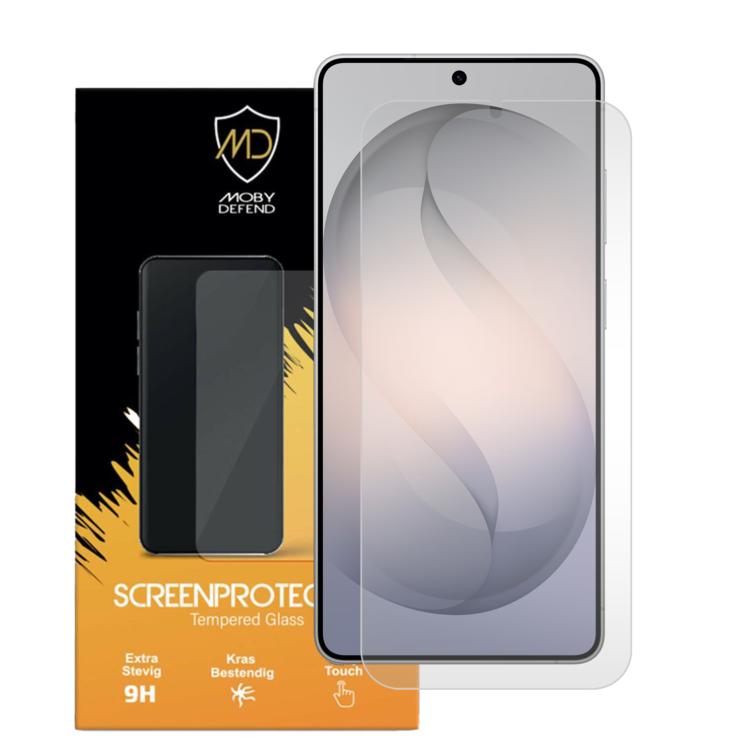 Verpakking en schermprotector voor smartphone. Zwart-oranje verpakking met logo.