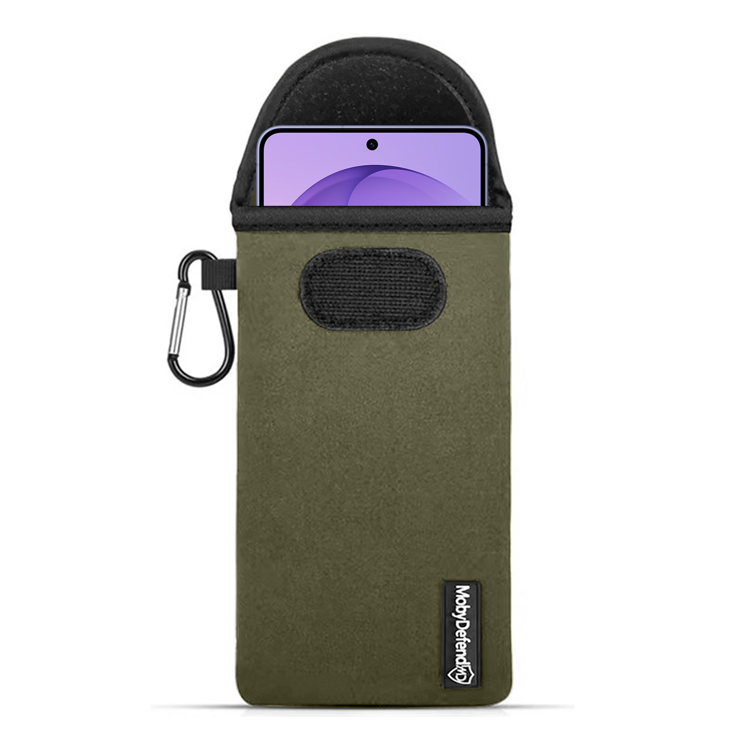 Pochette de téléphone verte avec mousqueton et écran de smartphone violet.