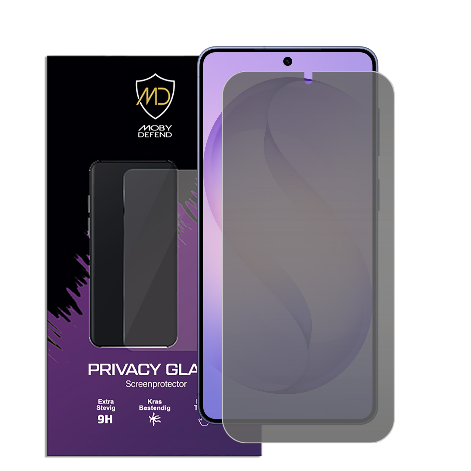 Zwarte verpakking met privacy screenprotector voor mobiele telefoon.