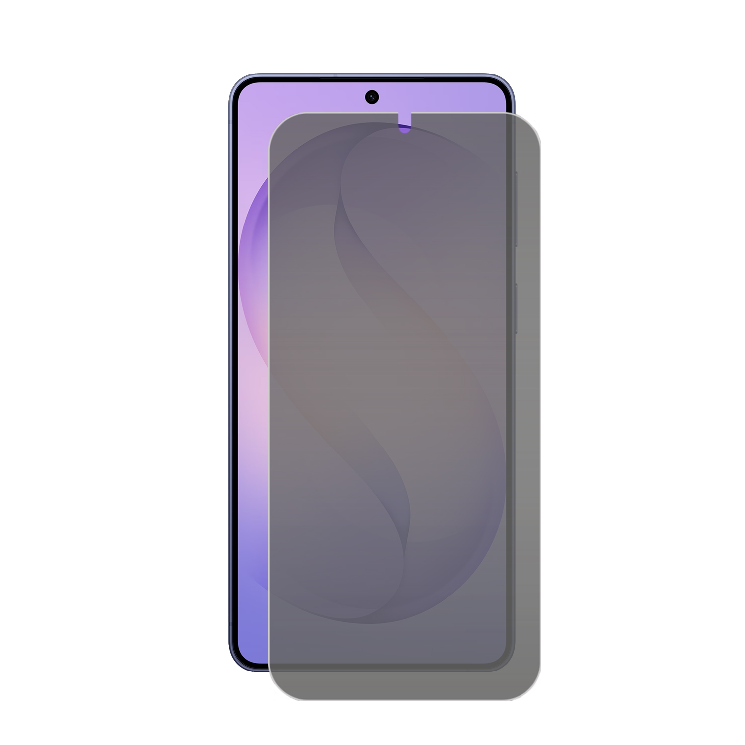 Een grijze privacy screenprotector ligt op een paarse smartphone.