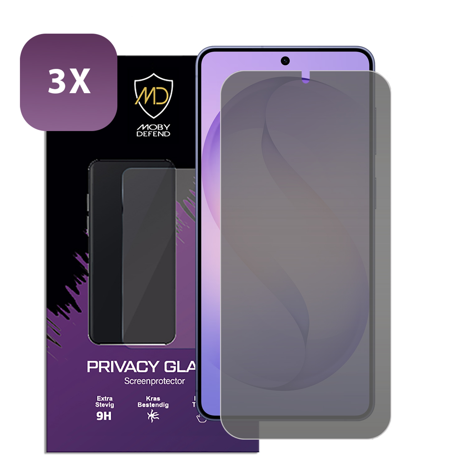 Verpakking met 3x privacy glas screenprotector voor smartphone.