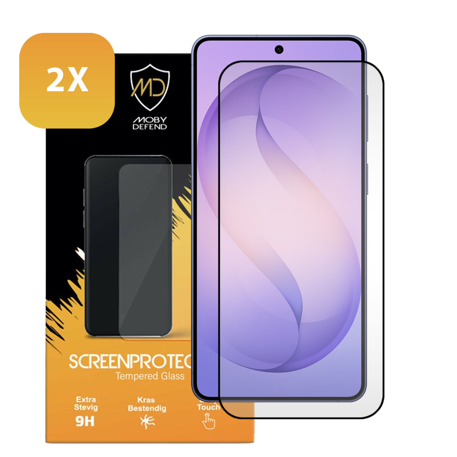Twee glazen screenprotectors voor smartphones, op een verpakking.