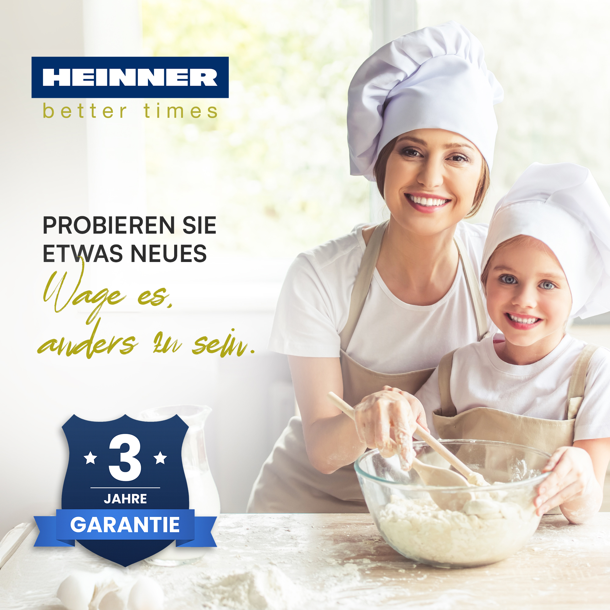 Mother and child in chef hats baking. '3 year warranty' logo.