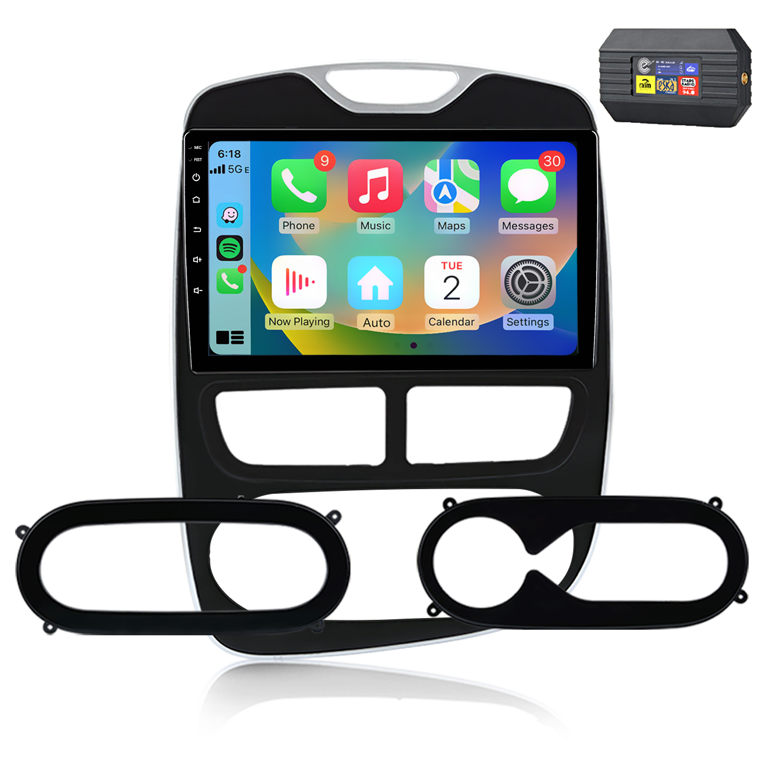 Un touchscreen per autoradio con app, unità di controllo e parti accessorie.