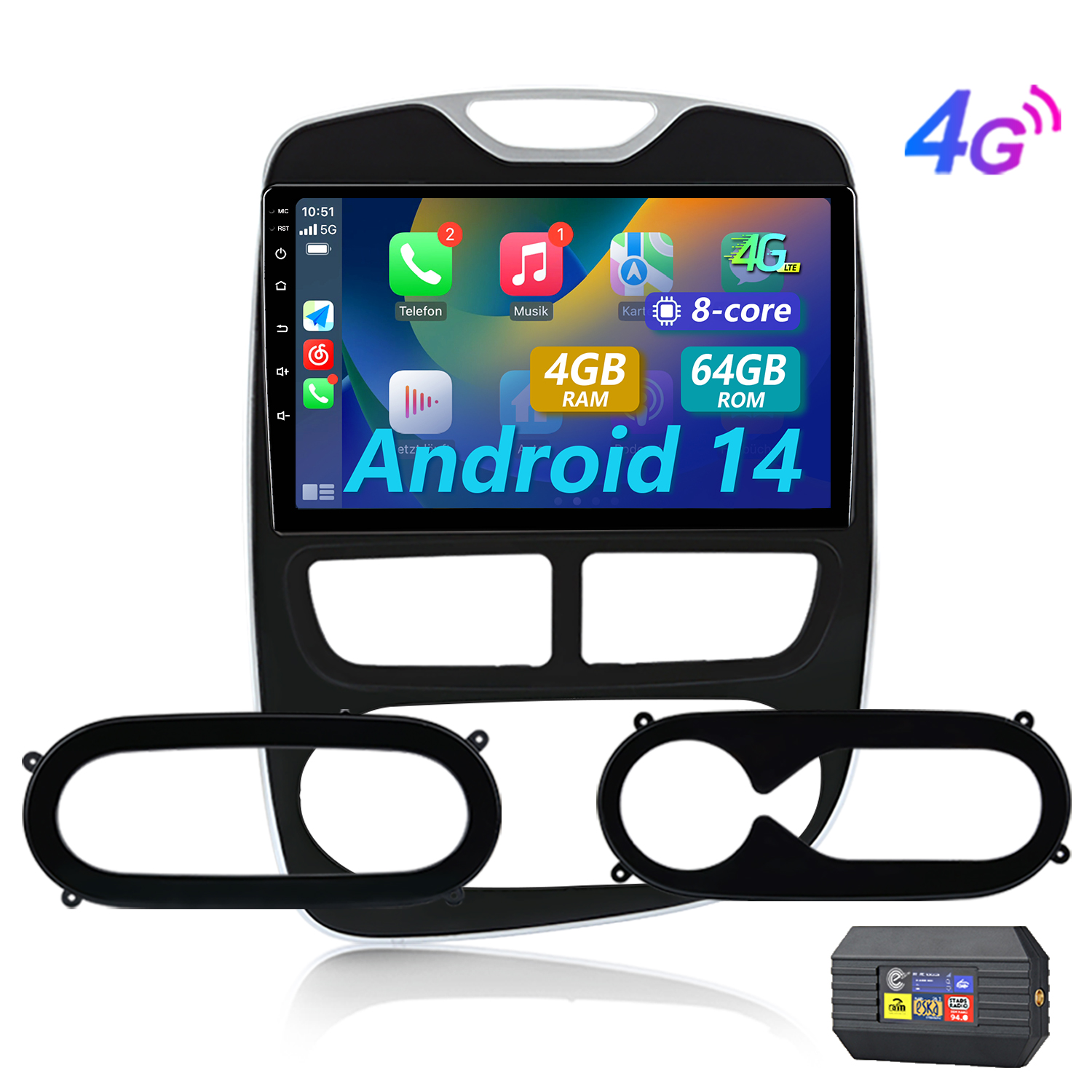 Un'autoradio Android 14 con 4 GB di RAM, 64 GB di ROM e connettività 4G.