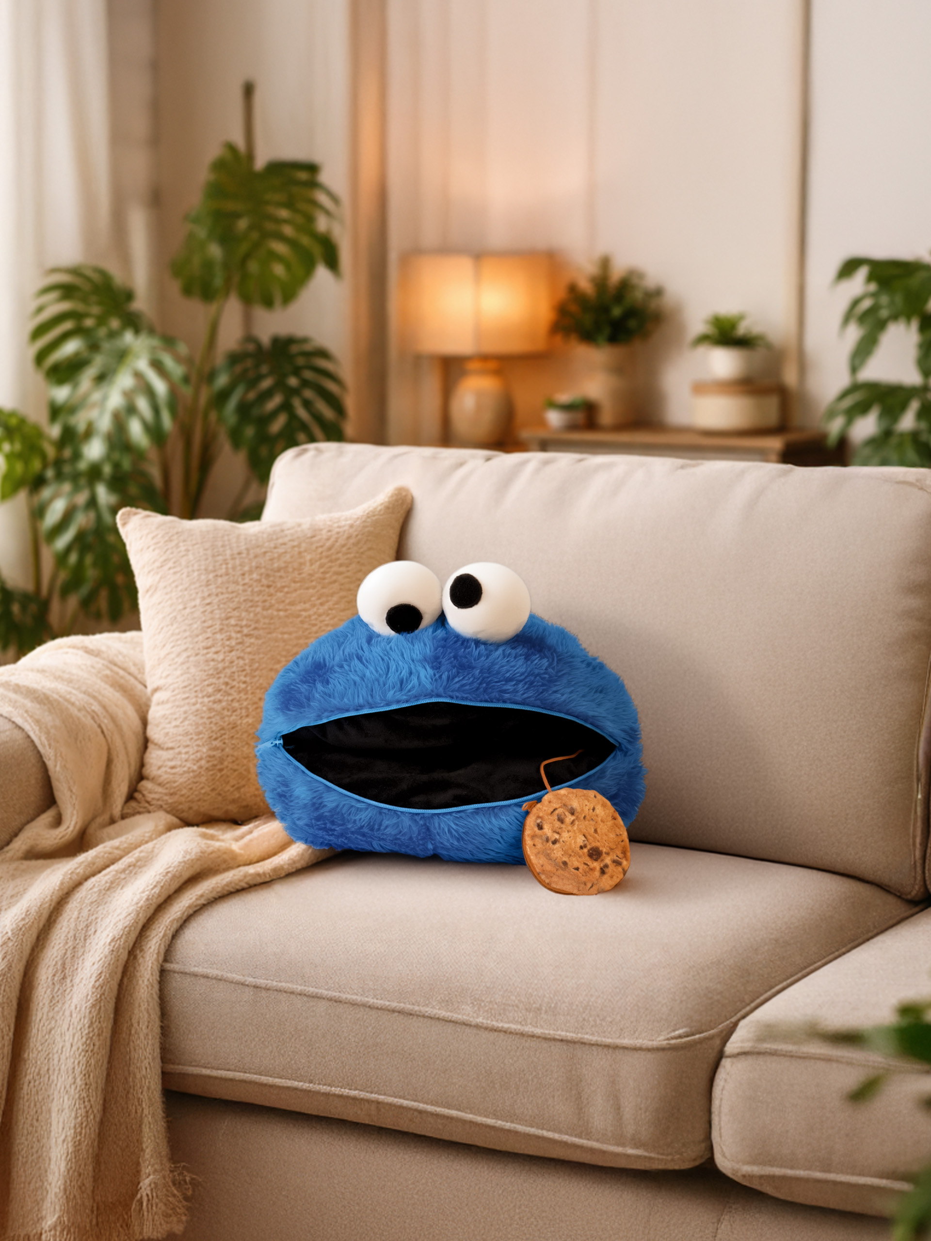 Ein blauer Krümelmonster-Kissen mit Augen und einem Keks auf einem beigen Sofa.