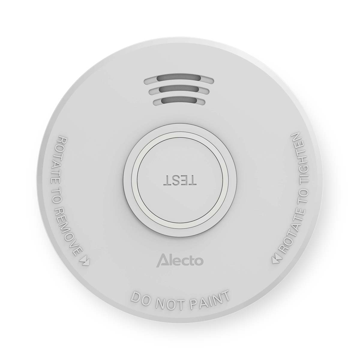 Rauchmelder mit Testknopf, Alecto-Logo und Warnhinweisen.
