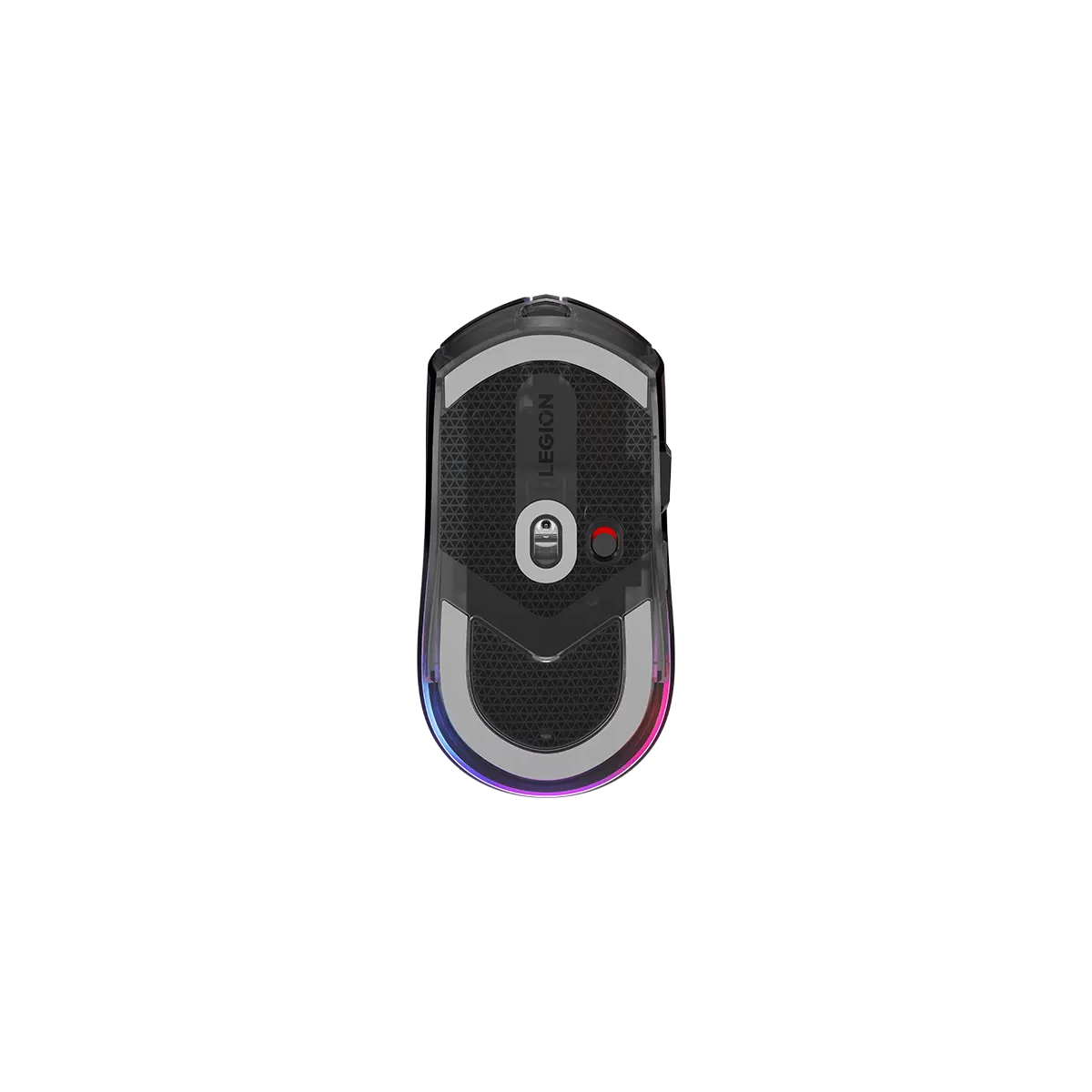 Przezroczysta mysz gamingowa z szarą teksturą i podświetleniem RGB.