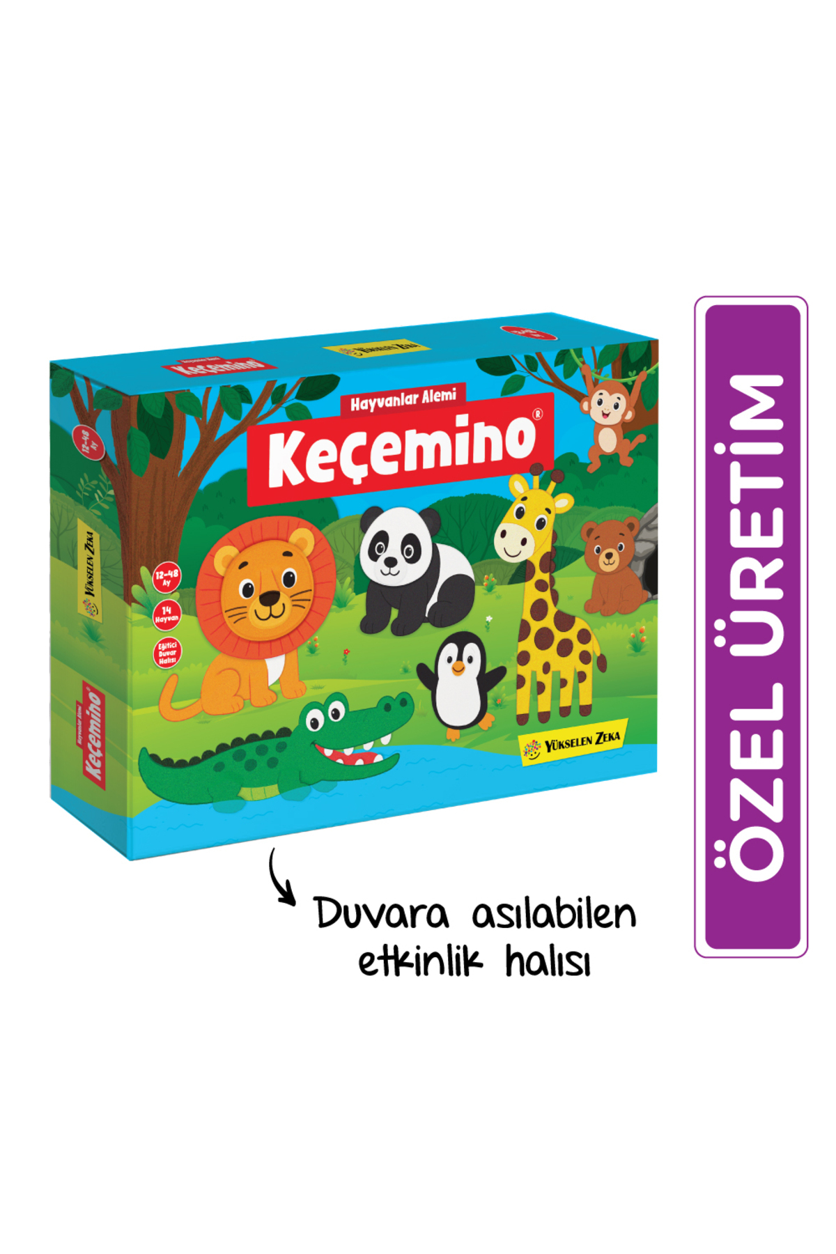 Aslan, panda, zürafa, ayı, penguen, timsah ve maymun gibi hayvanların olduğu renkli kutu.