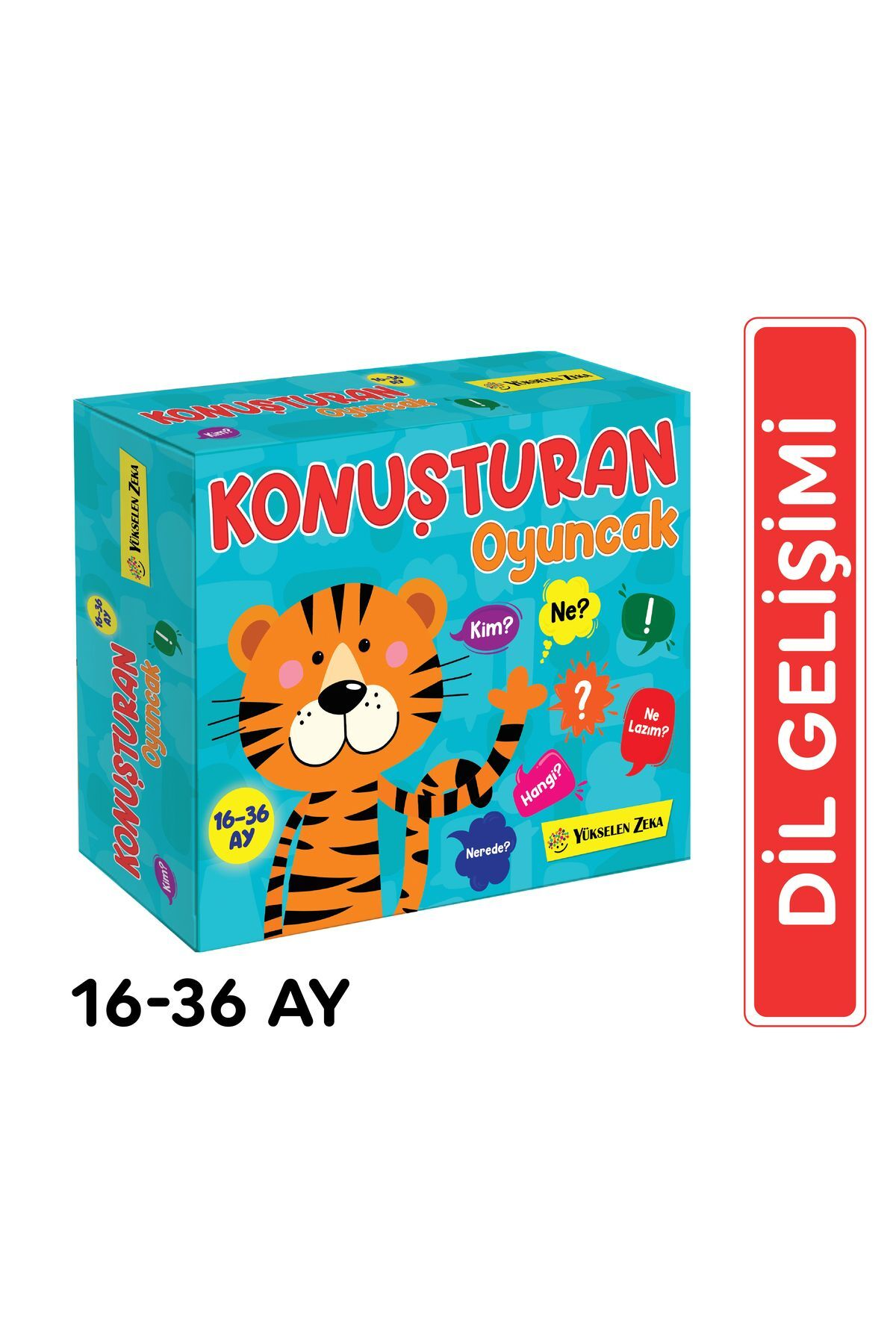 Türkçe "Kim?" ve "Nerede?" gibi soruların olduğu bir oyuncak kutusu üzerindeki kaplan.