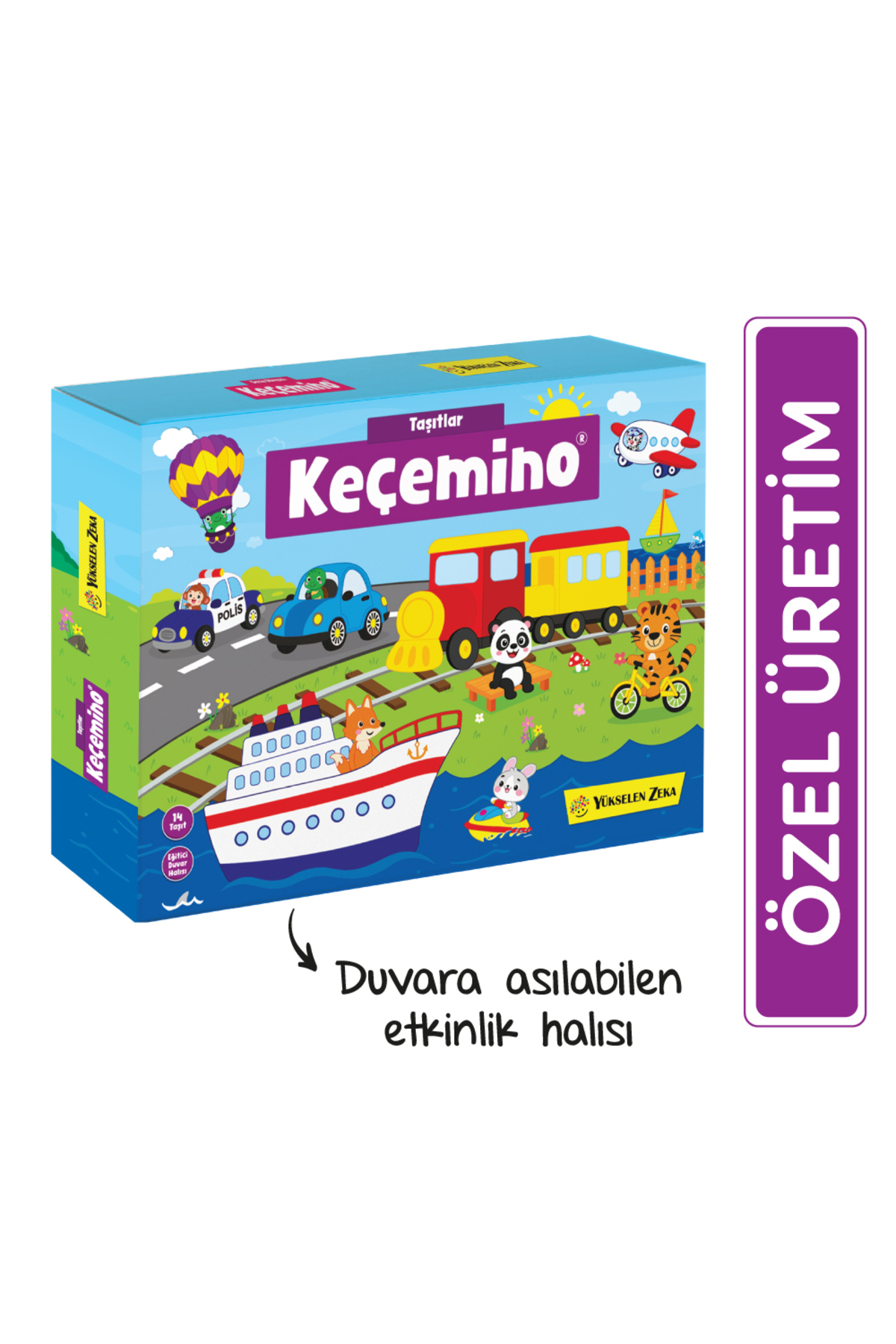 Araçlarla renkli kutu: tren, araba, gemi, balon. Hayvanlar oynuyor.