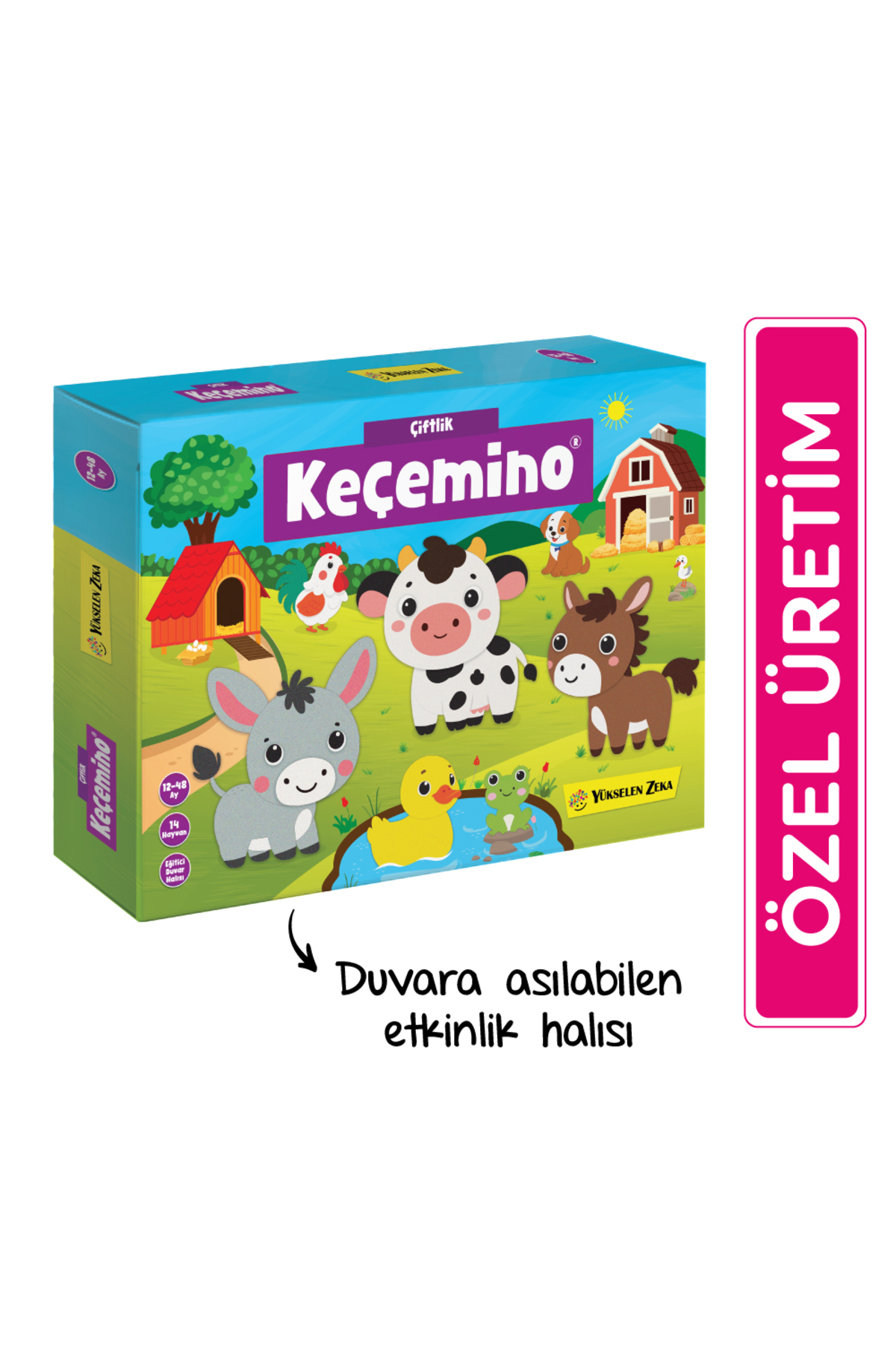 Çiftlik temalı oyuncak kutusu sevimli hayvanlarla: eşek, inek, ördek, kurbağa.