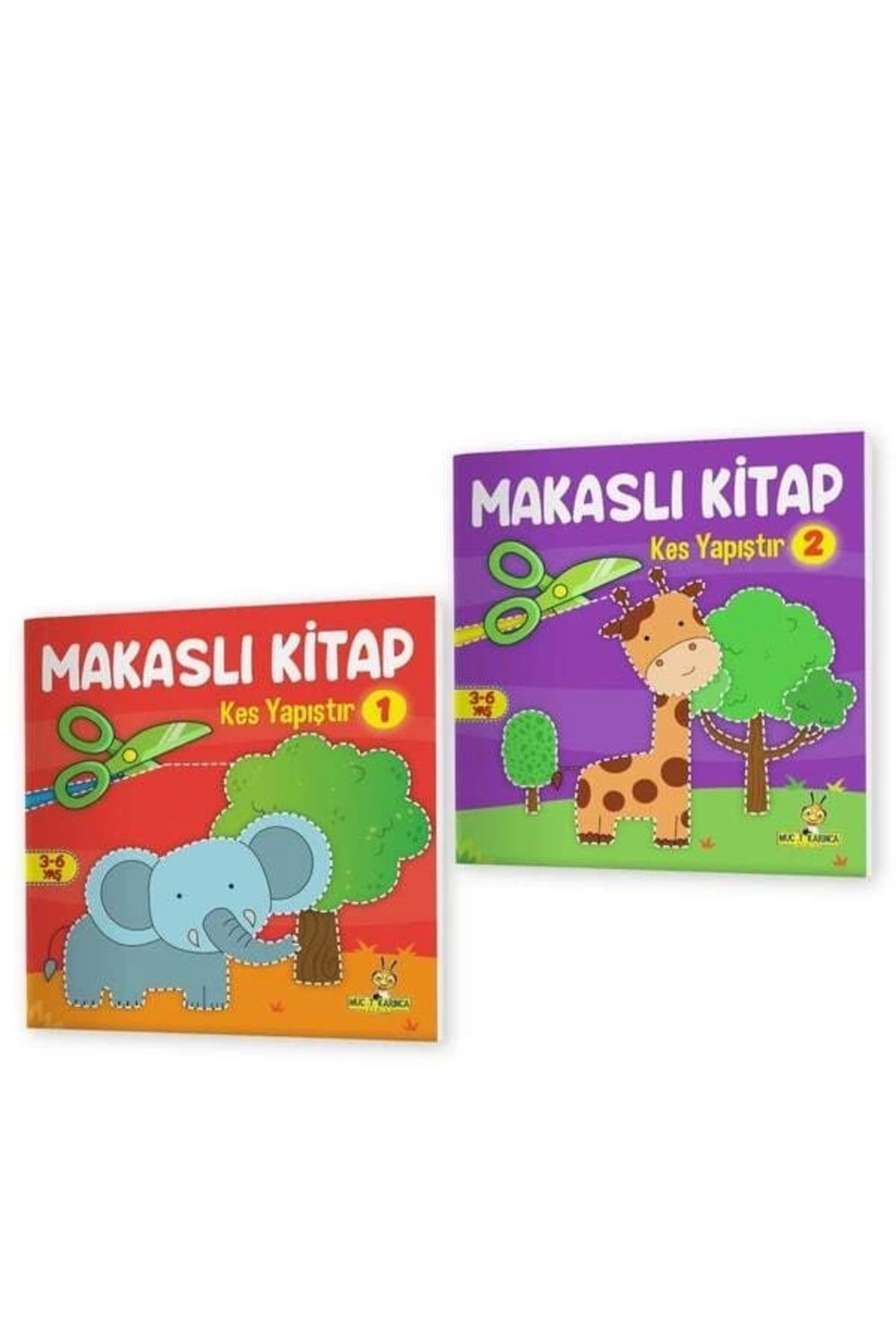 Hayvan figürlü iki çocuk kitabı: kırmızı zeminde fil, mor zeminde zürafa.