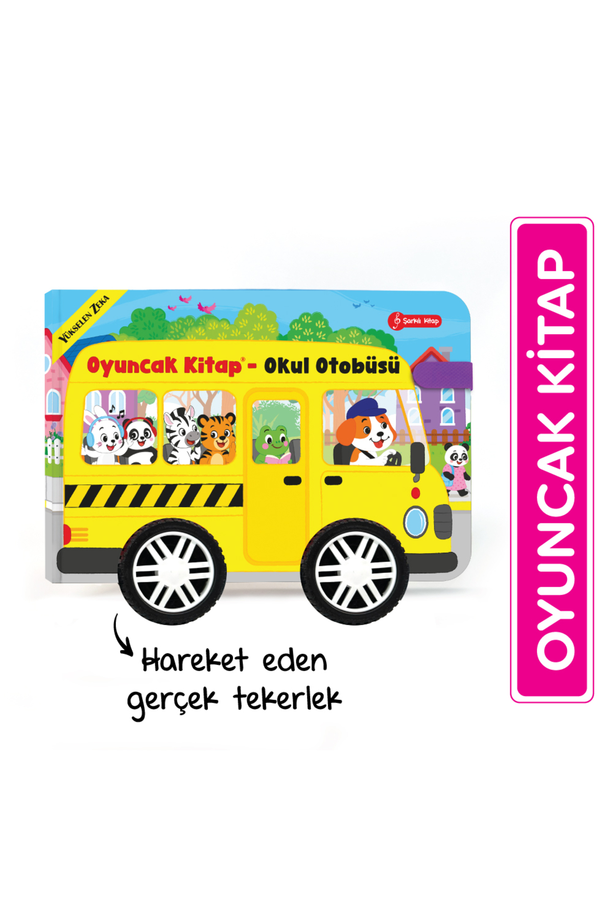 Hayvan karakterleri ve dönen tekerlekleri olan sarı okul otobüsü.