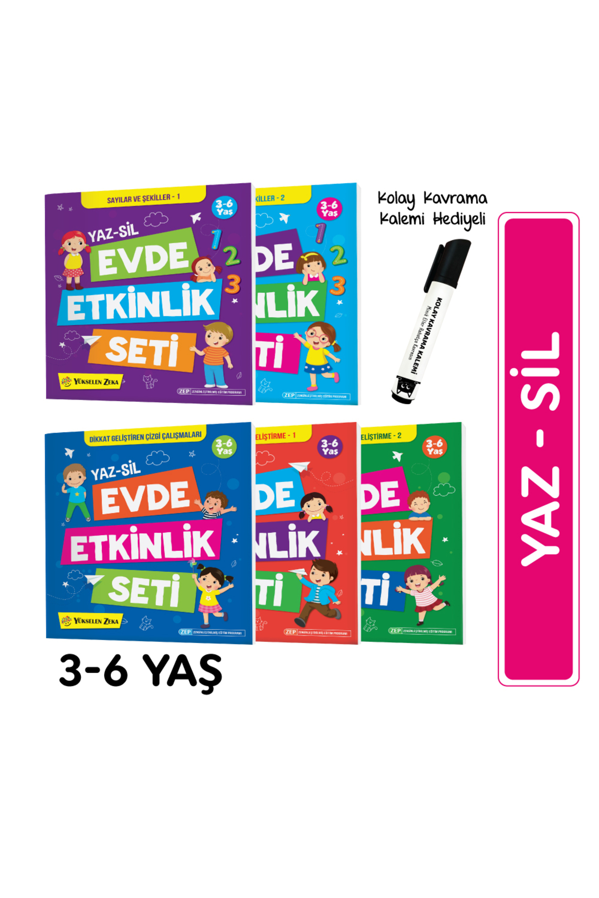 Renkli, 3-6 yaş çocuk aktivite kitapları, kalem ve '3-6 Yaş' yazısı ile.