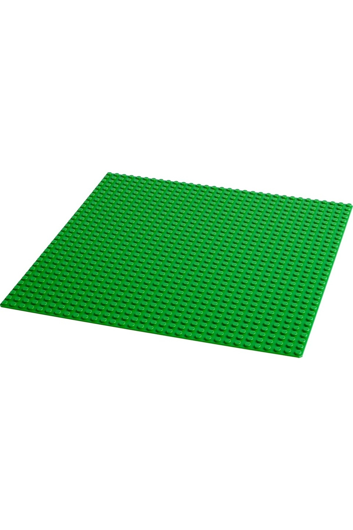 Beyaz arka plan üzerinde çok sayıda çıkıntısı olan yeşil Lego taban plakası.