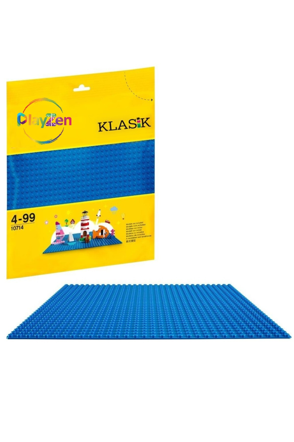 Oyuncak seti gösteren sarı bir paketle birlikte mavi bir yapı plakası.
