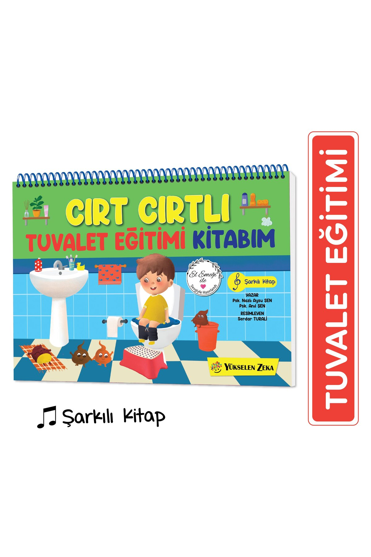 Bir çocuk tuvalette oturuyor. "Tuvalet Eğitimi" adlı kitap gösteriliyor.