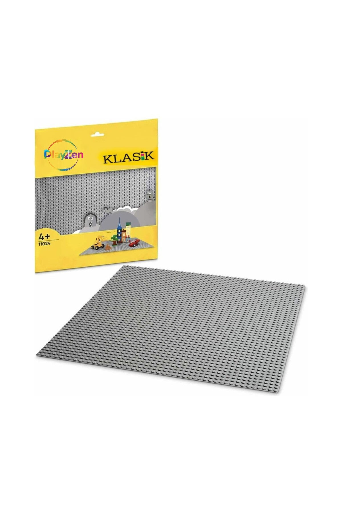 Arkada oyuncak ve ambalaj bulunan gri Lego taban plakası.