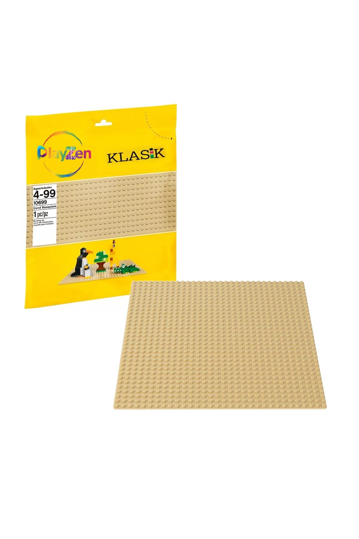 Kum rengi taban plakası, ürün bilgileriyle paketlenmiş.