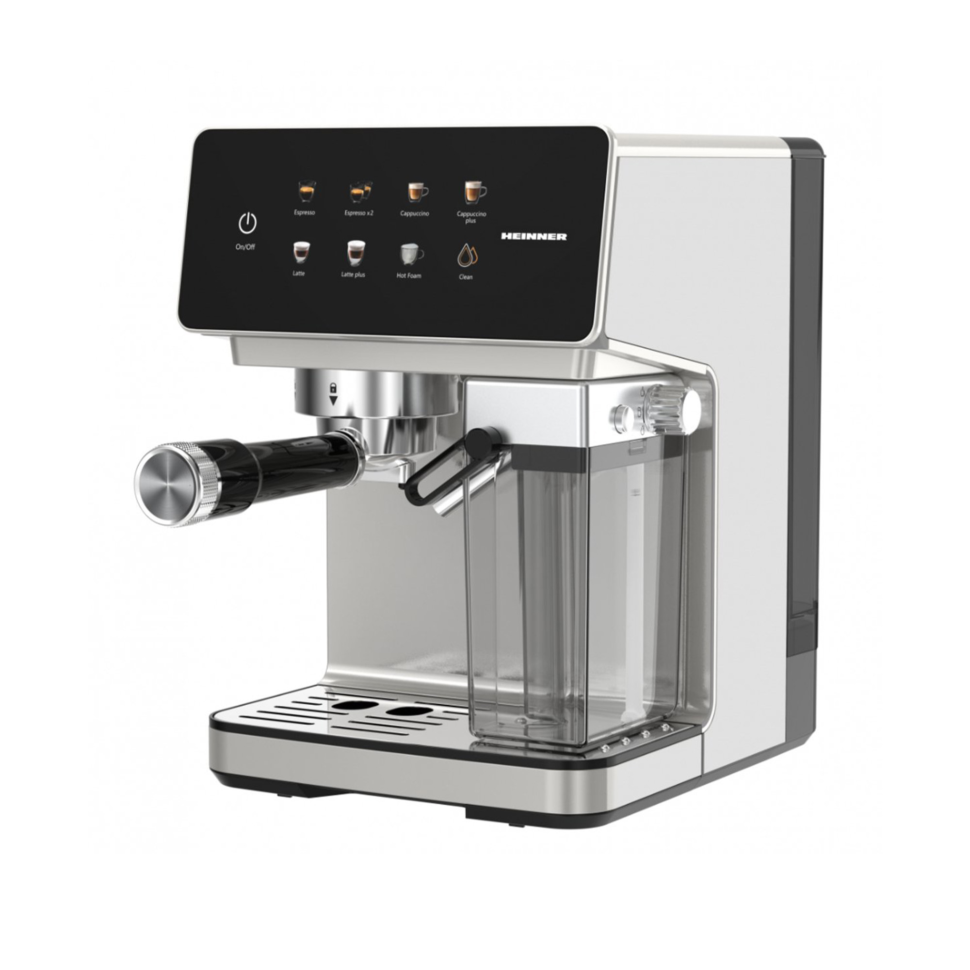 Silberne Kaffeemaschine mit digitalem Display und Wassertank.