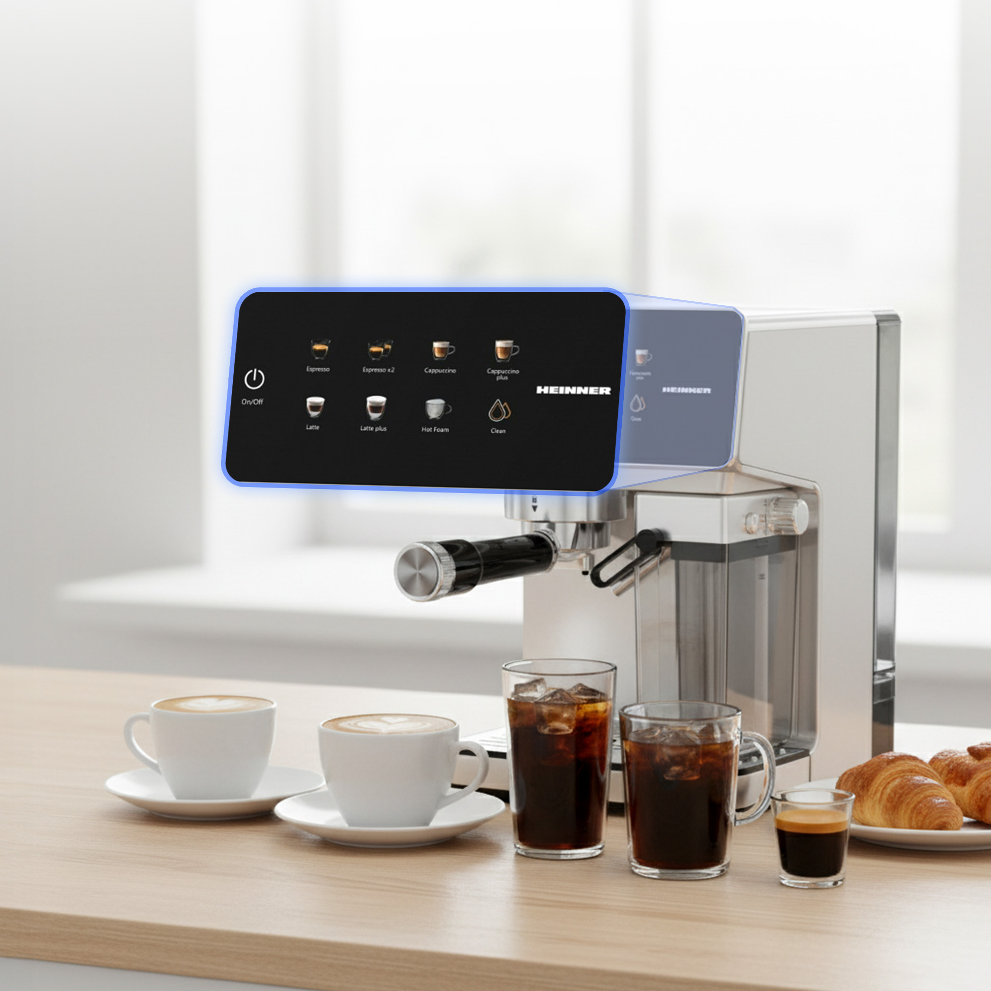 Eine Kaffeemaschine mit Bedienfeld und verschiedenen Kaffeesorten. Daneben stehen Tassen und Croissants.