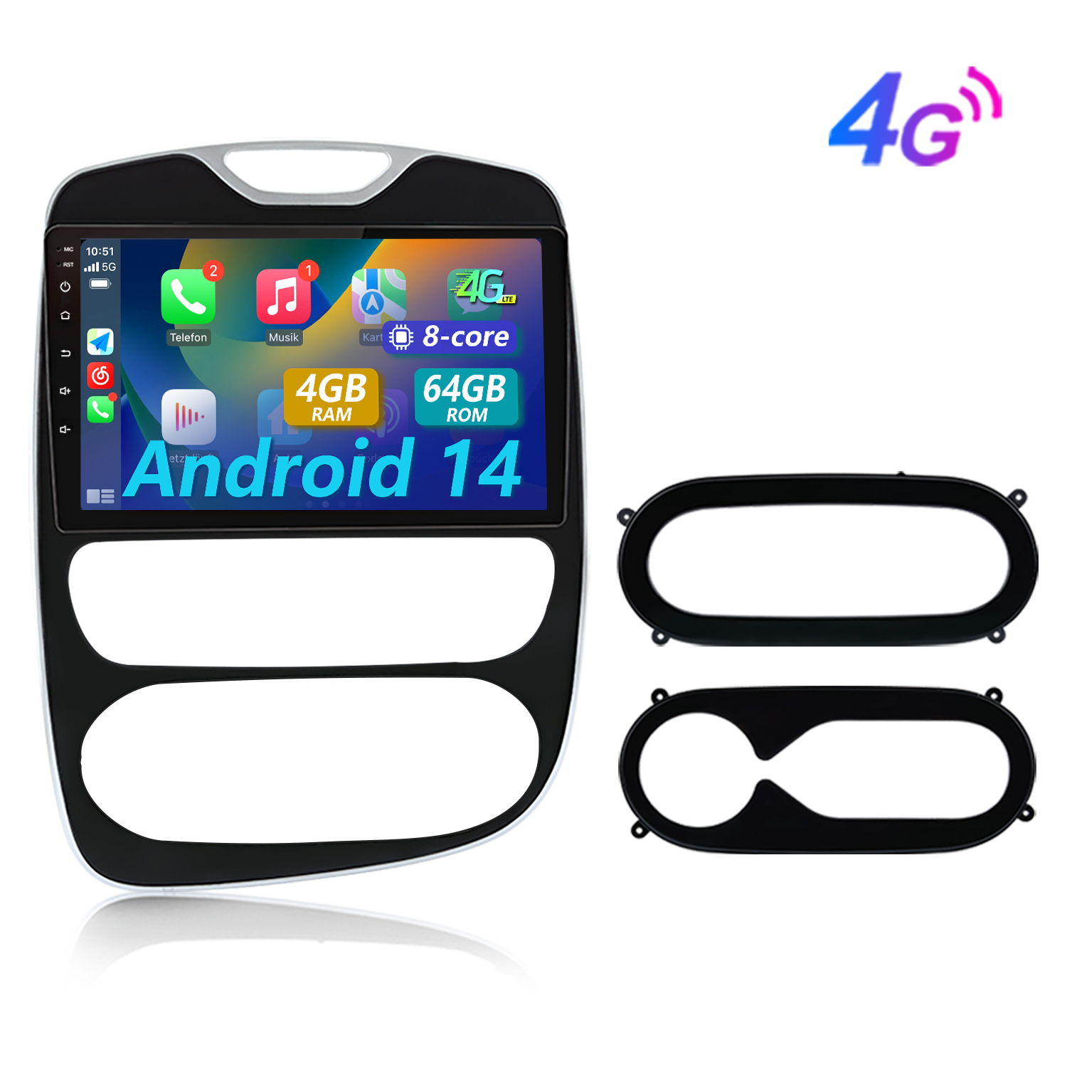 Ein Android 14 Autoradio-Display mit Apps und 4G-Symbol.