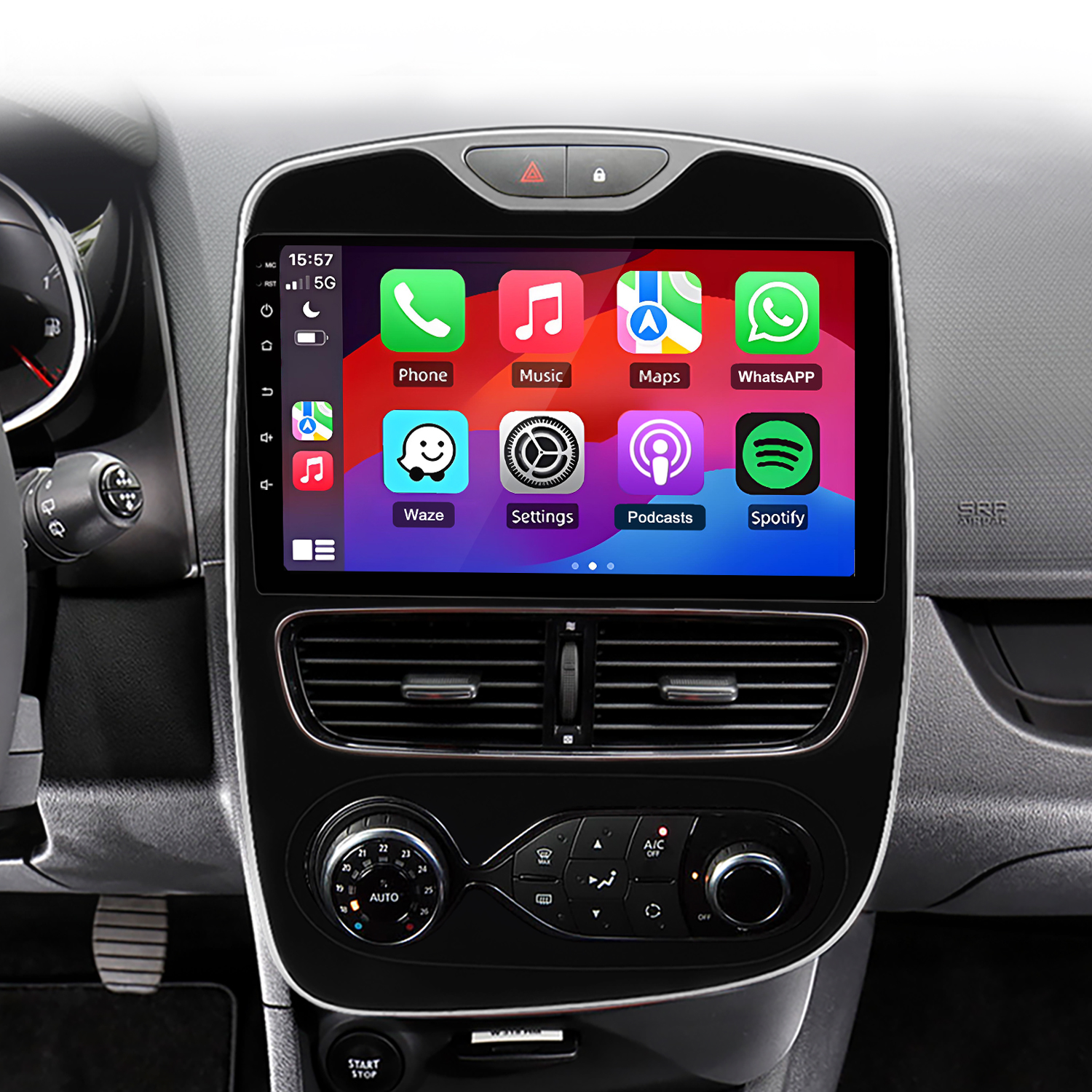 Sistema de infoentretenimiento de coche mostrando apps como Teléfono, Música, Mapas, WhatsApp.