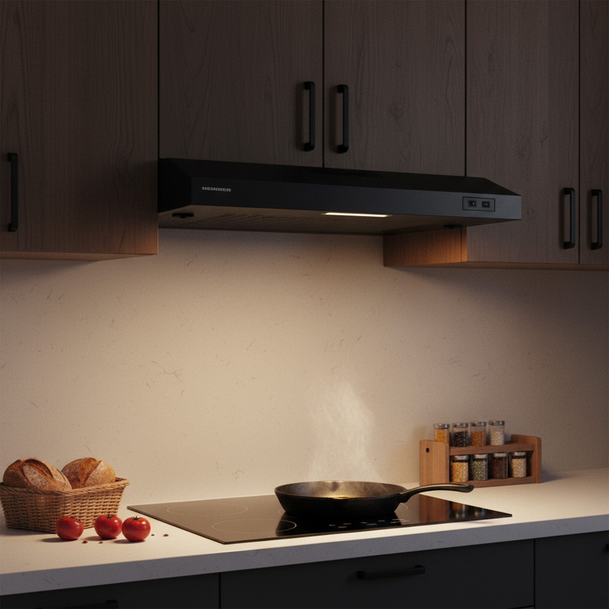 A range hood above a stove with a steaming pan, bread, and tomatoes.
