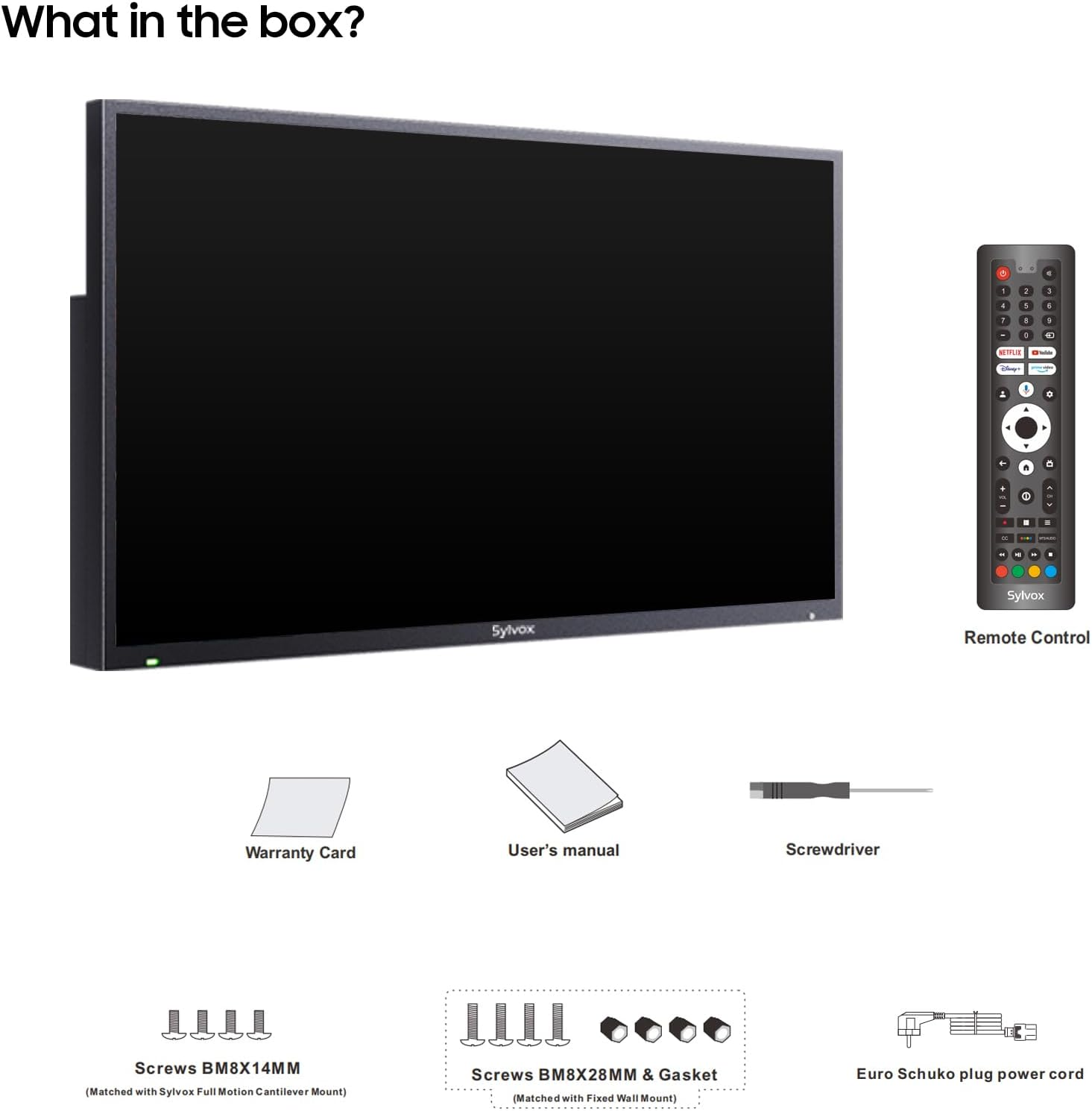 Fernseher, Fernbedienung, Handbuch, Garantiekarte, Schrauben, Schraubendreher, Netzkabel.