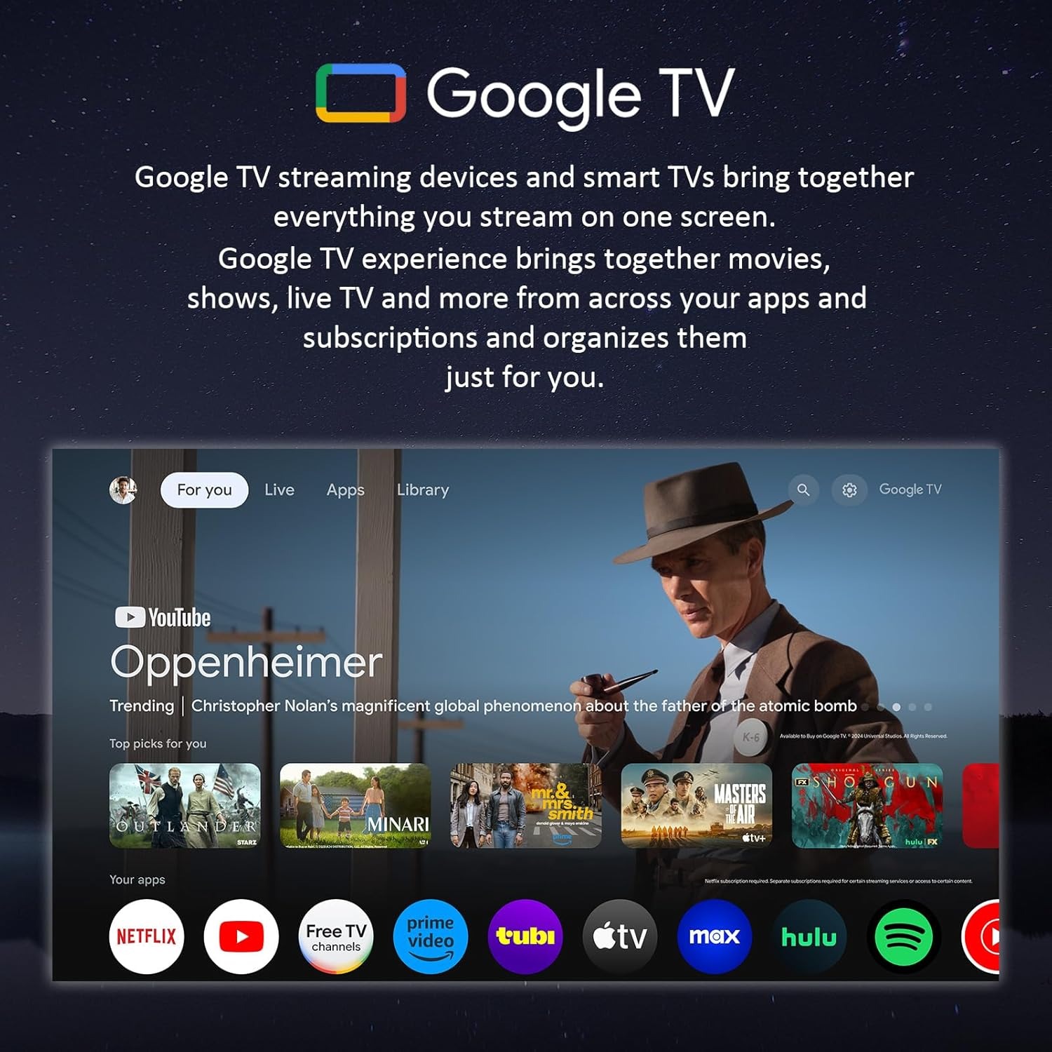 Google TV-Oberfläche mit "Oppenheimer" im Fokus. Apps wie Netflix, Prime Video & Hulu sind sichtbar.