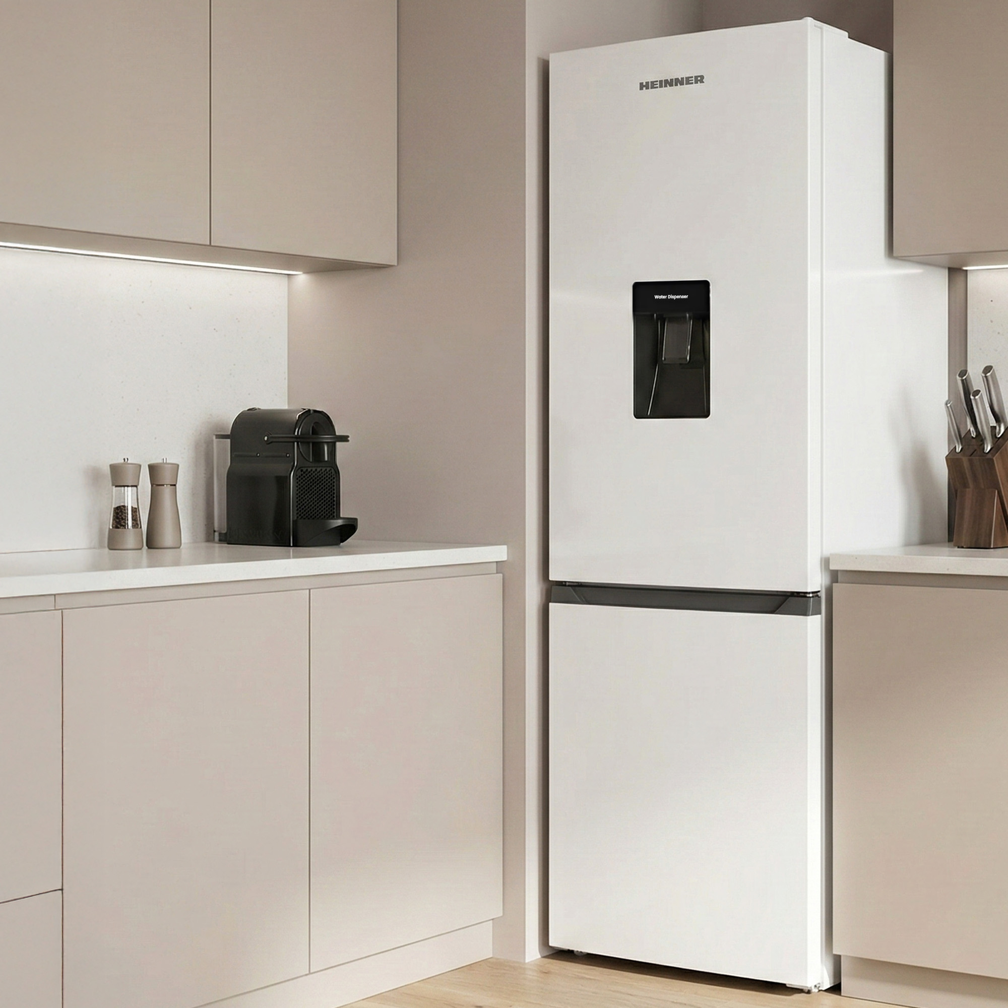 Cuisine blanche avec réfrigérateur, machine à café, salières et couteaux.
