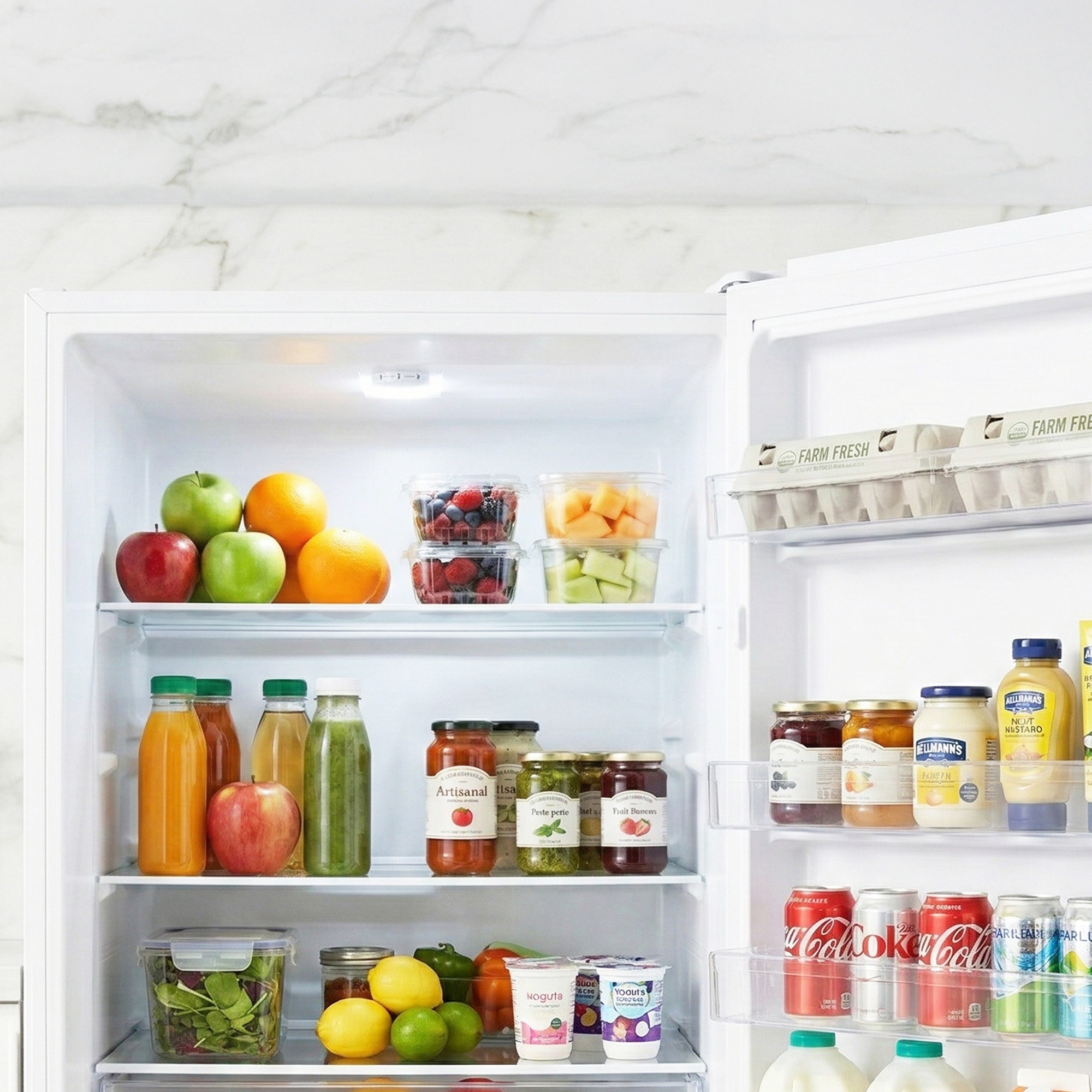 Réfrigérateur ouvert avec fruits, bocaux, bouteilles, canettes et œufs.