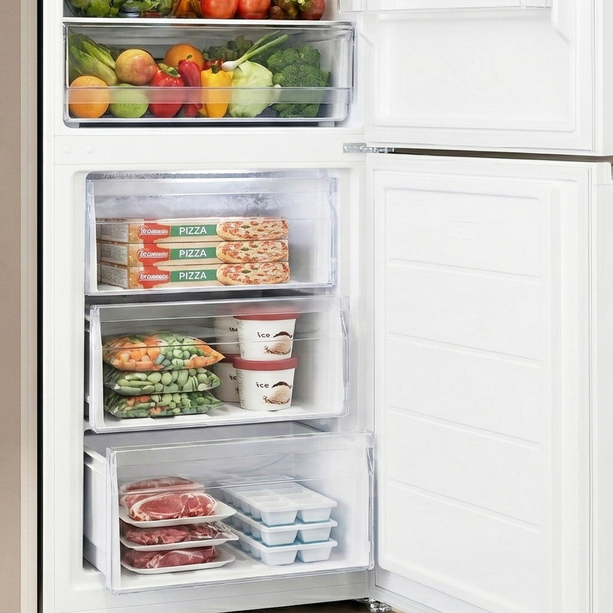 Congélateur rempli de fruits, légumes, pizzas, glaces et viande.