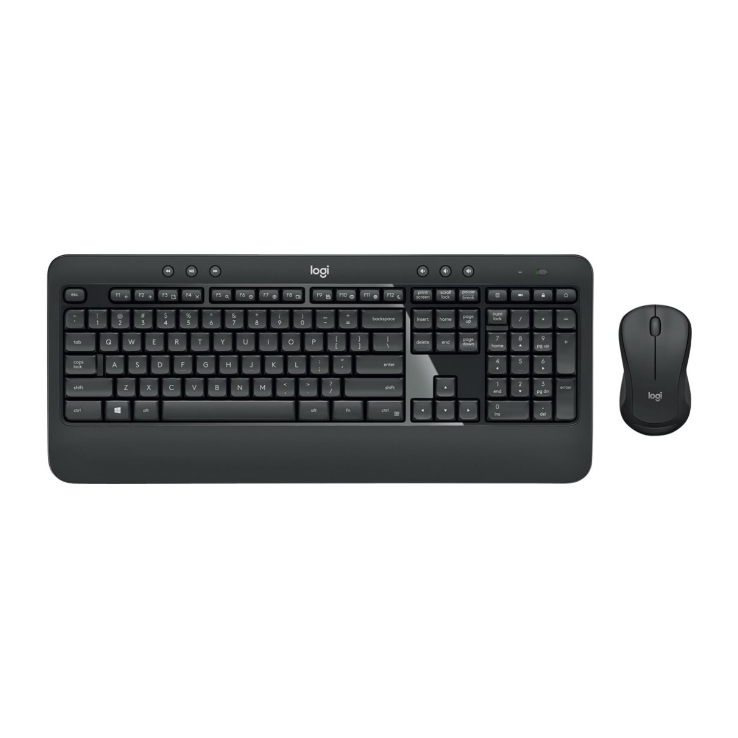 Un set di tastiera e mouse Logitech neri su sfondo bianco.