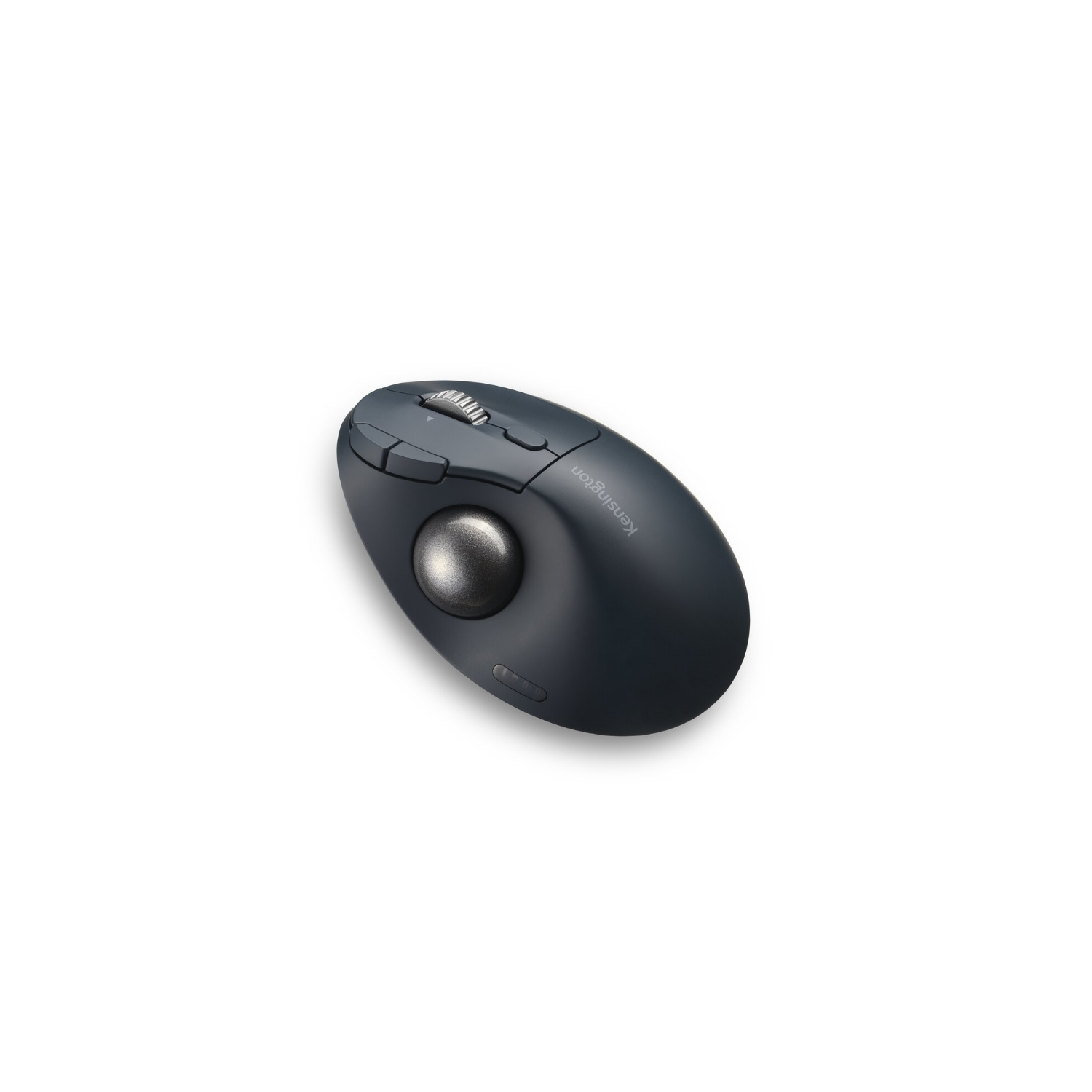 Dark gray trackball mouse with a silver ball and scroll wheel.