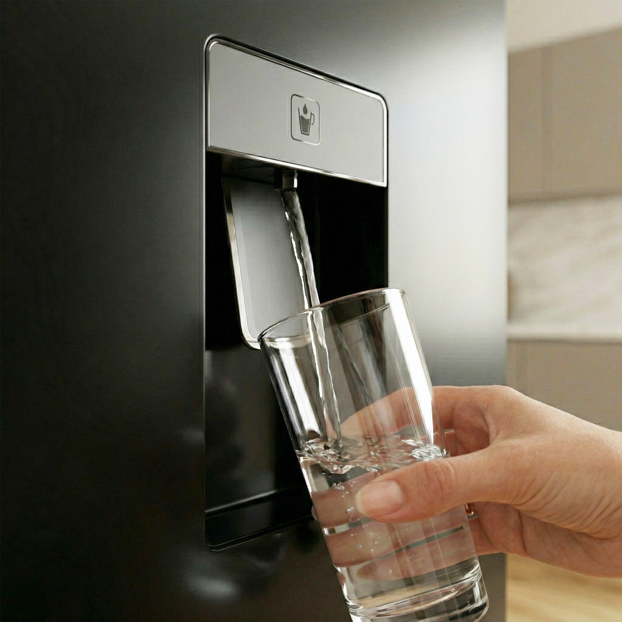 Water stroomt uit een koelkastdispenser in een glas.