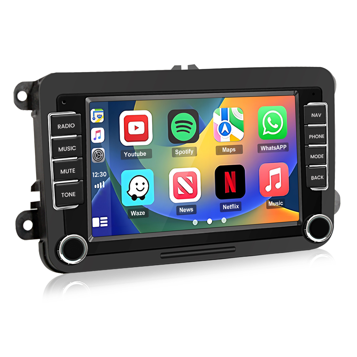 Un sistema de infoentretenimiento para coche con apps como YouTube, Spotify, Maps, WhatsApp.