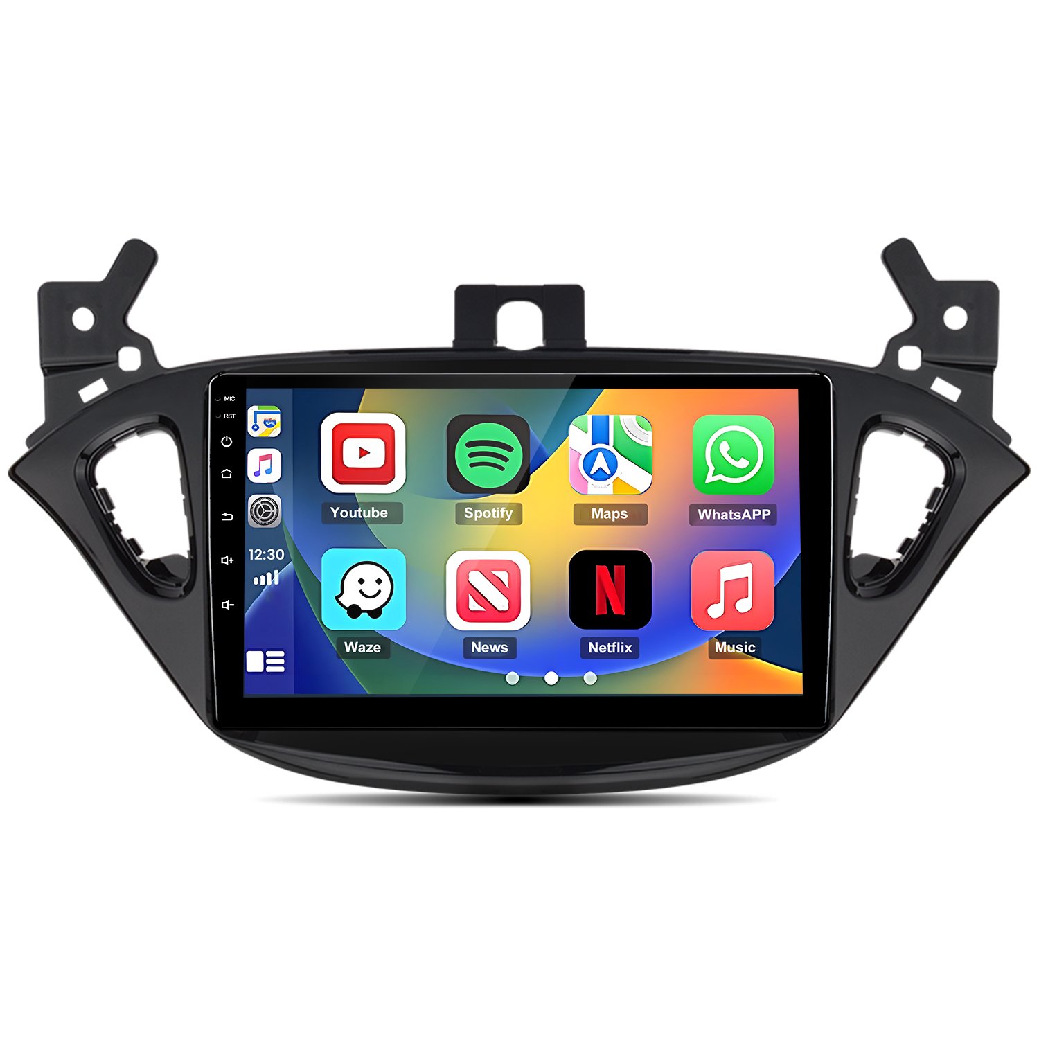 Pantalla de autorradio con iconos de apps: Youtube, Spotify, Maps, WhatsApp, Waze, News, Netflix, Música.
