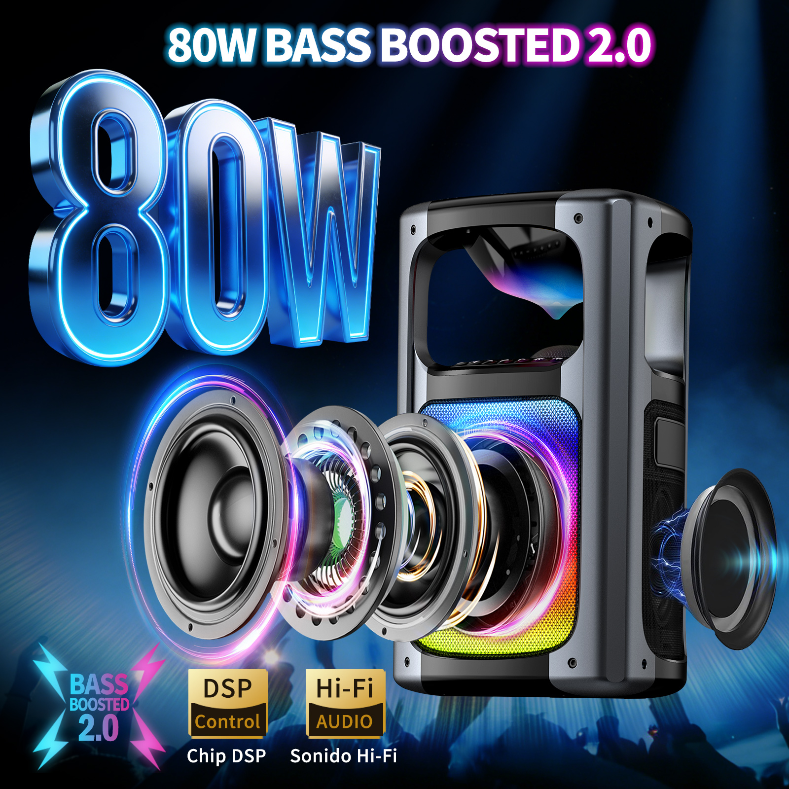 Vista esplosa di un altoparlante da 80W con tecnologia Bass Boost e audio Hi-Fi.