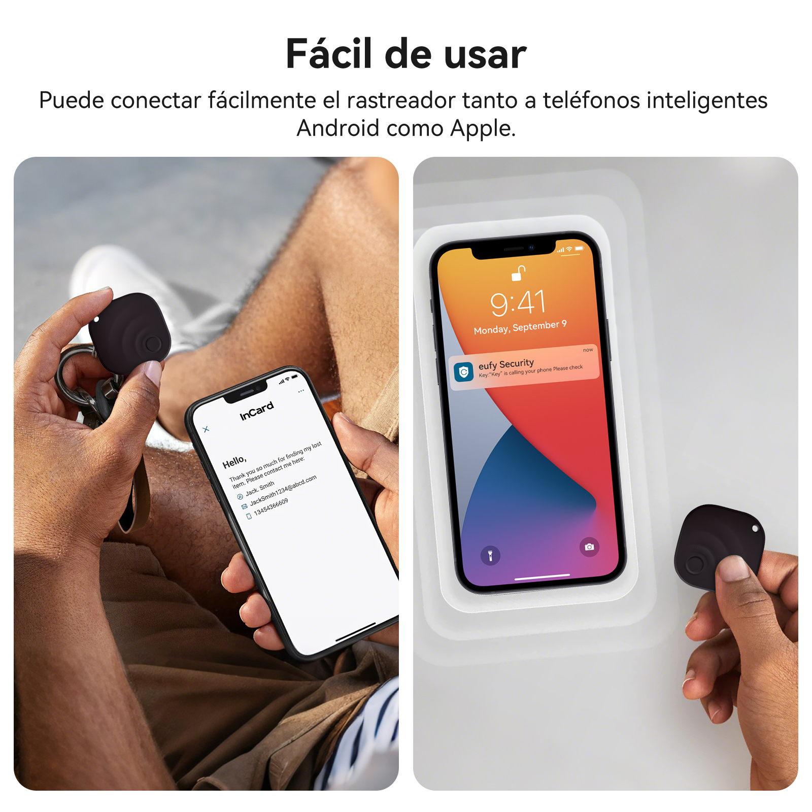 Persona sostiene un rastreador negro y un smartphone con información de contacto.