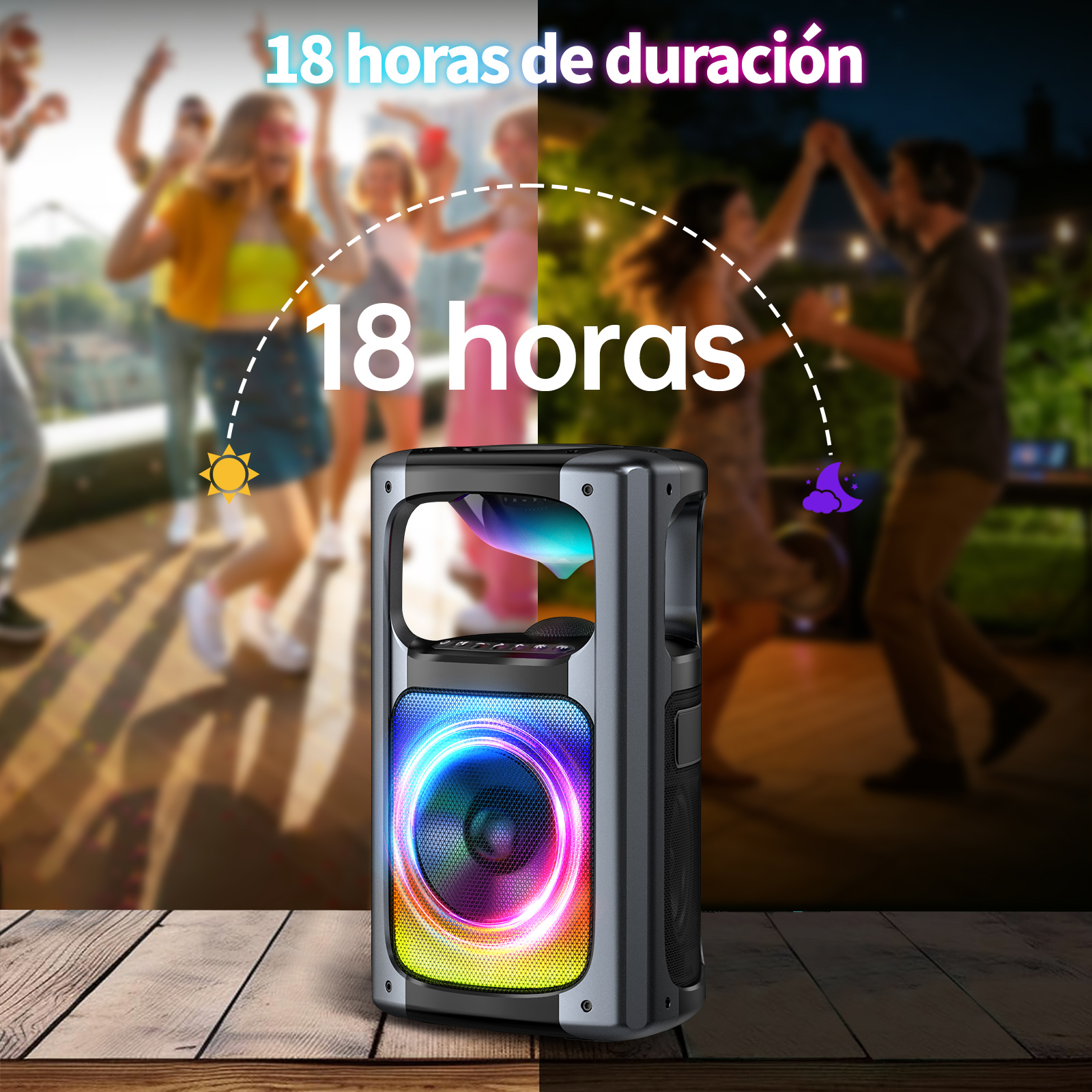 Altoparlante con effetti luminosi, suona giorno e notte, 18 ore di batteria.