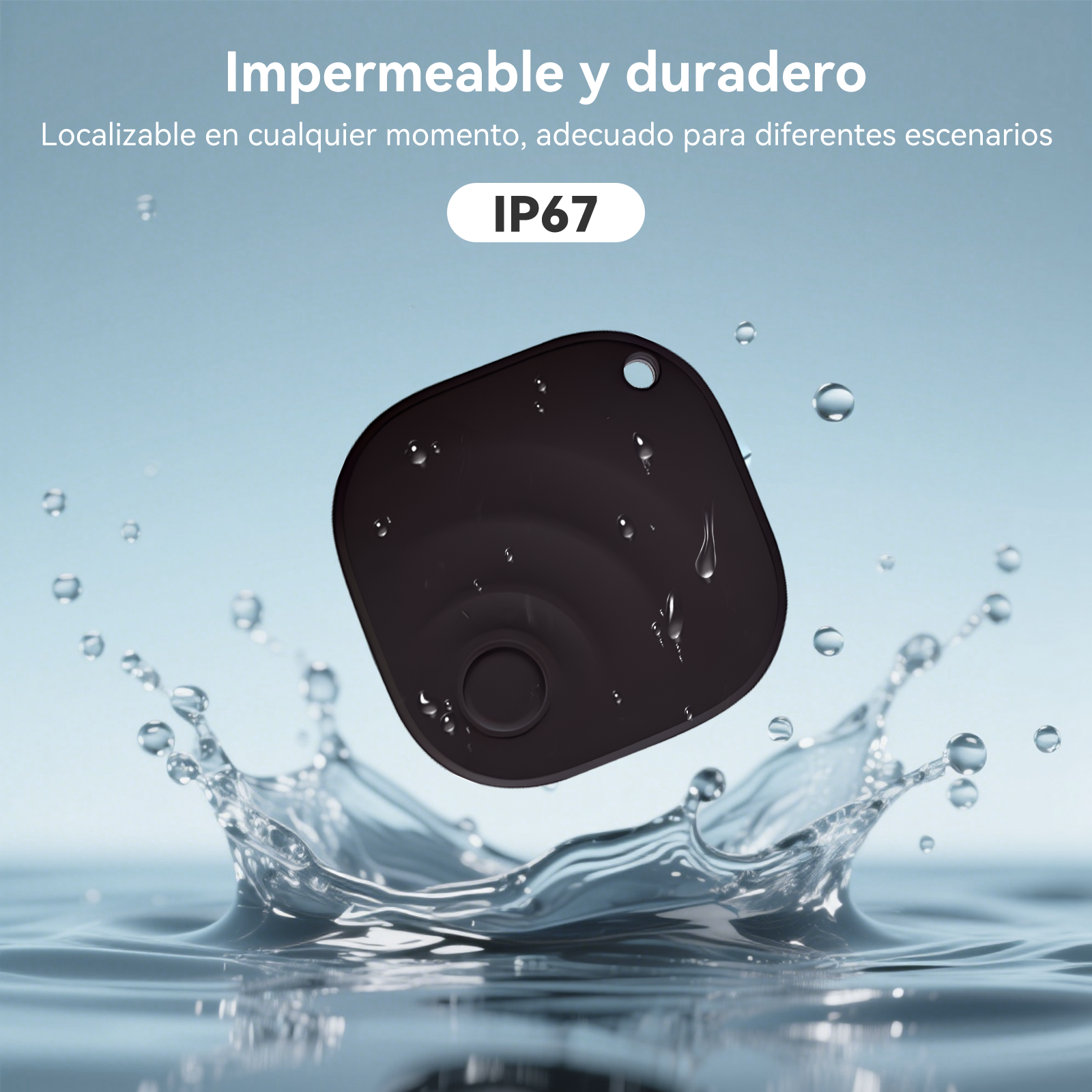 Rastreador negro e impermeable con clasificación IP67 salpicando agua.