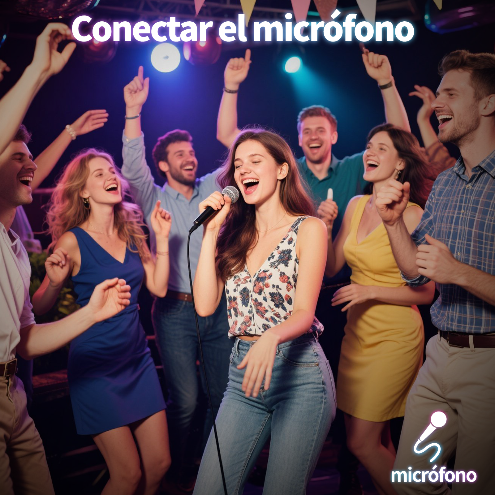 Una giovane donna canta al microfono, circondata da amici che ballano.