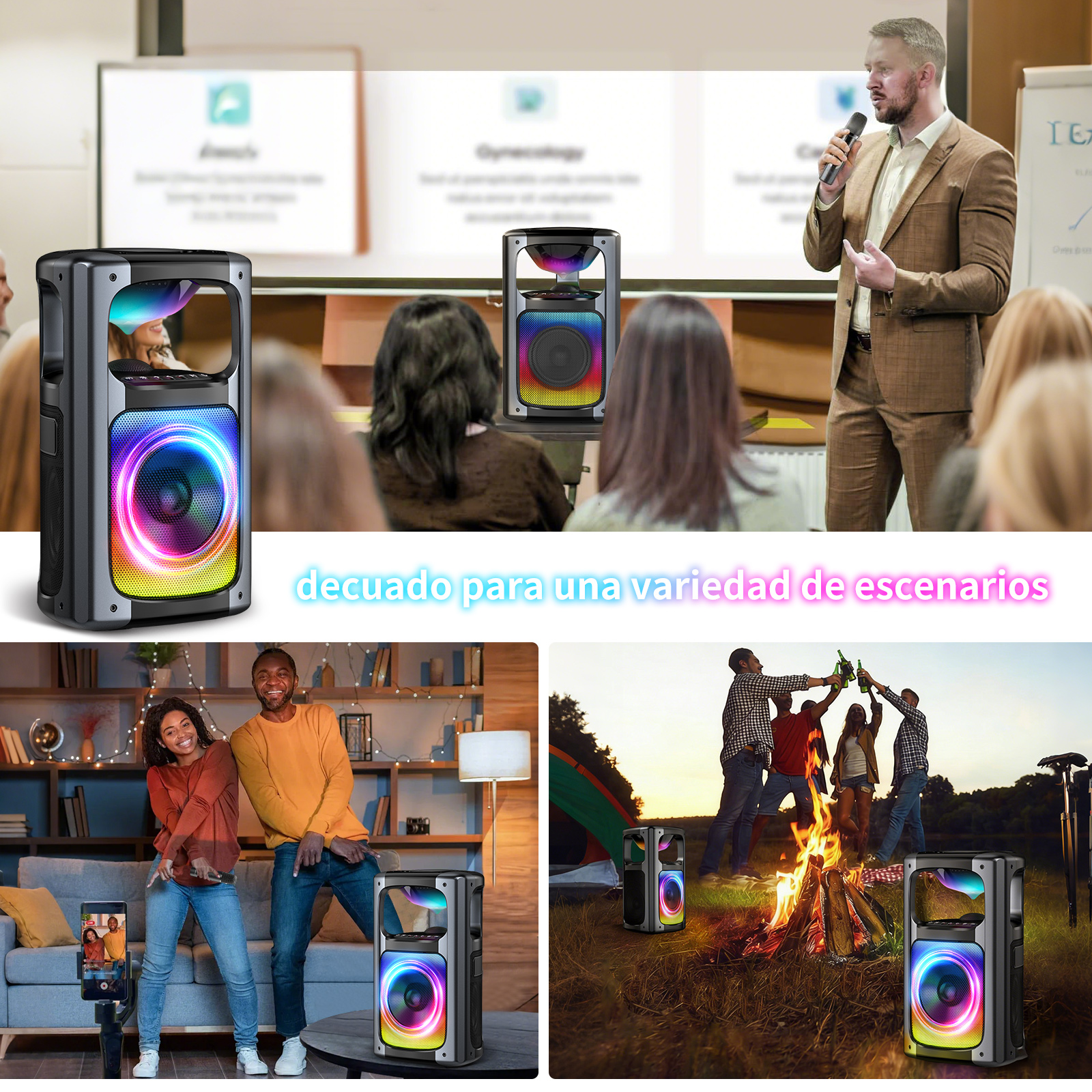 Un hombre habla a una audiencia, con altavoces con luces de colores visibles.