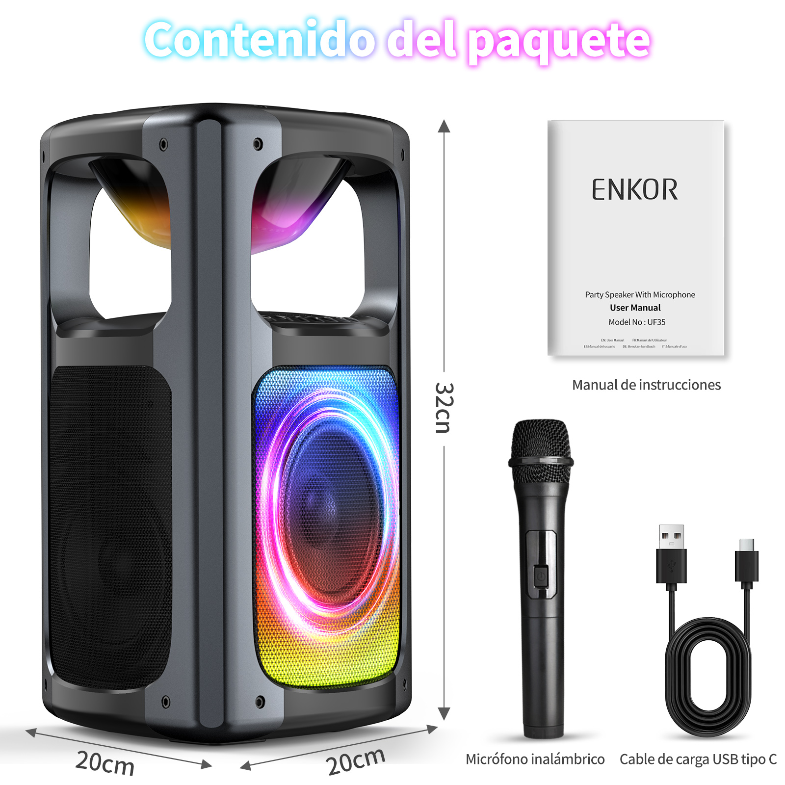Altavoz, micrófono y cable de carga con dimensiones 20x20x32cm.