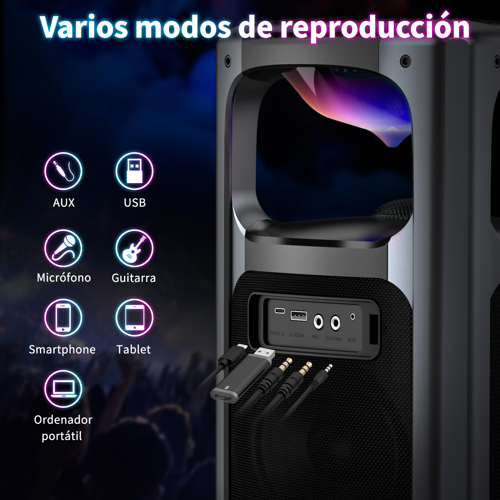 Un altavoz que muestra varios modos de reproducción: AUX, USB, Mic, Guitarra, Smartphone, Tablet.