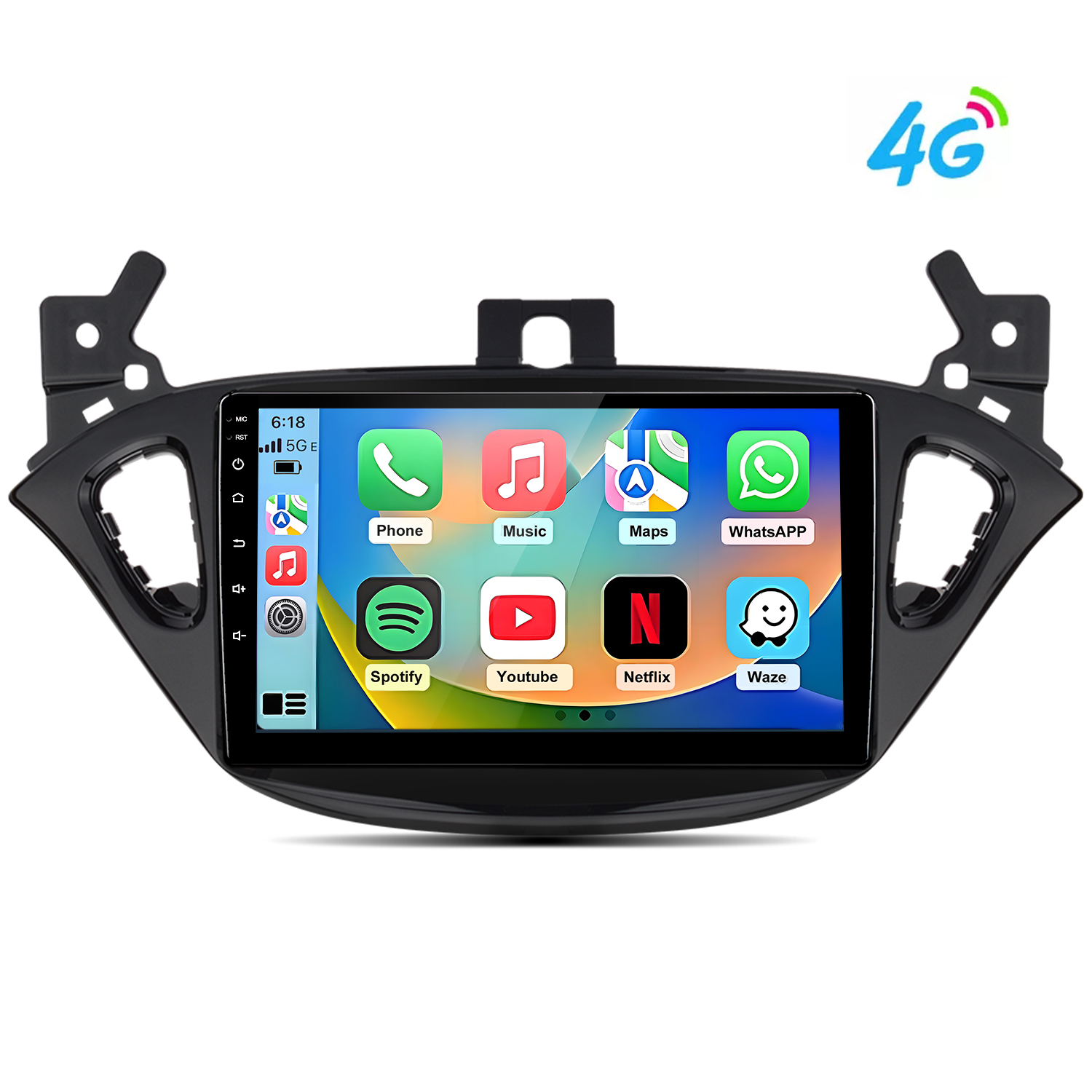 Touchscreen autoradio con icone app e logo 4G.